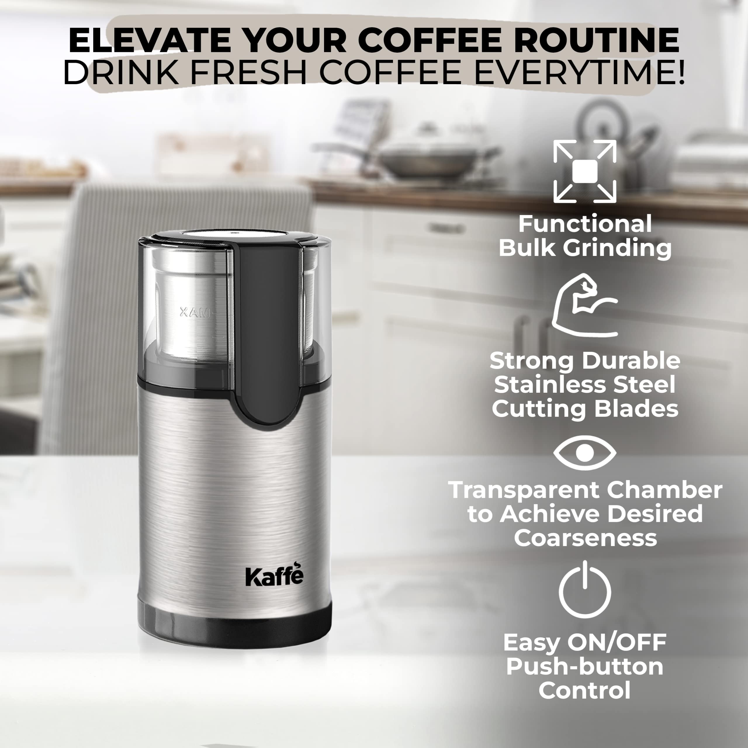 Kaffe Electric Blade Coffee Grinder w/Removable Cup. 4.5oz 14-Cup Capacity. Cleaning Brush Included. Perfect Grinder for Coffee  Tea  Spices  Corn  Herbs. (Stainless Steel)