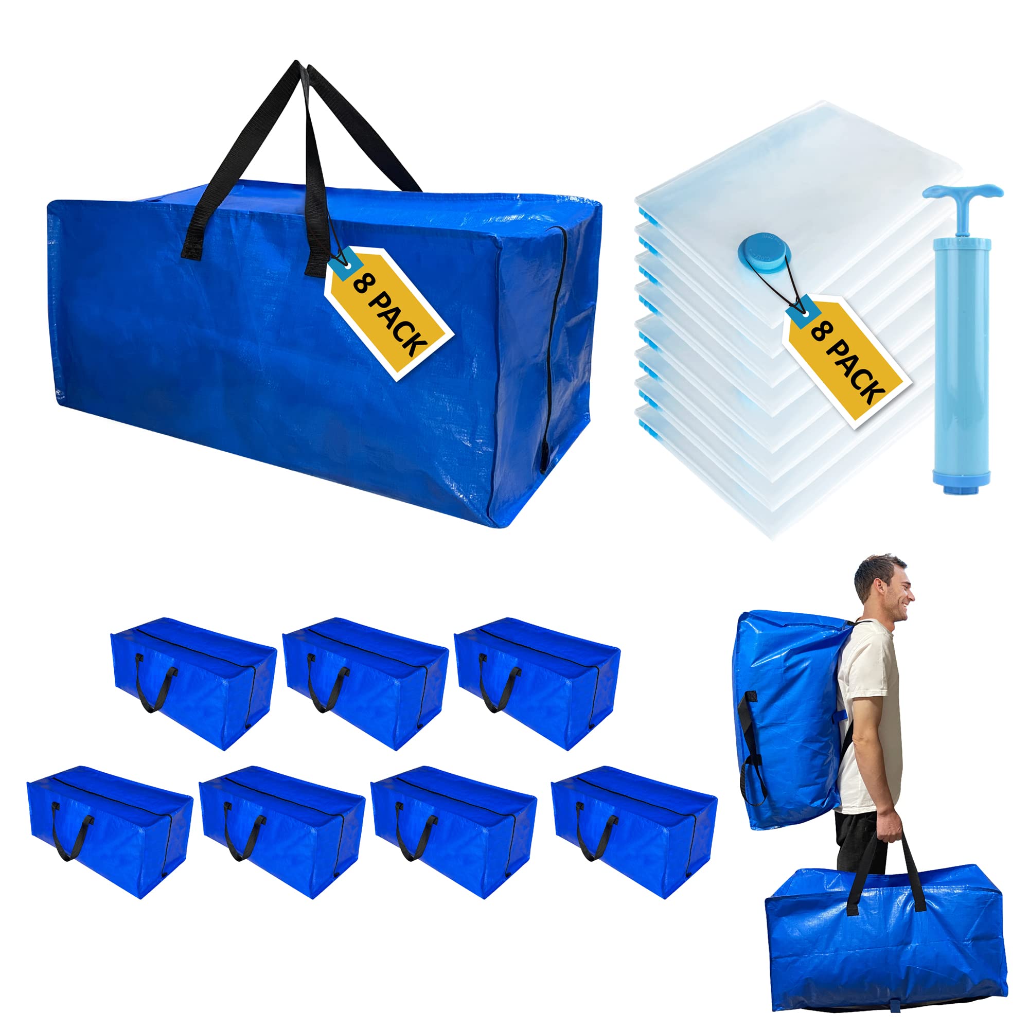 16 Pack Heavy Duty Extra Large Moving Bags With Backpack Straps & Large Vacuum Storage Bags Moving Supply Combo, Moving Totes Wi
