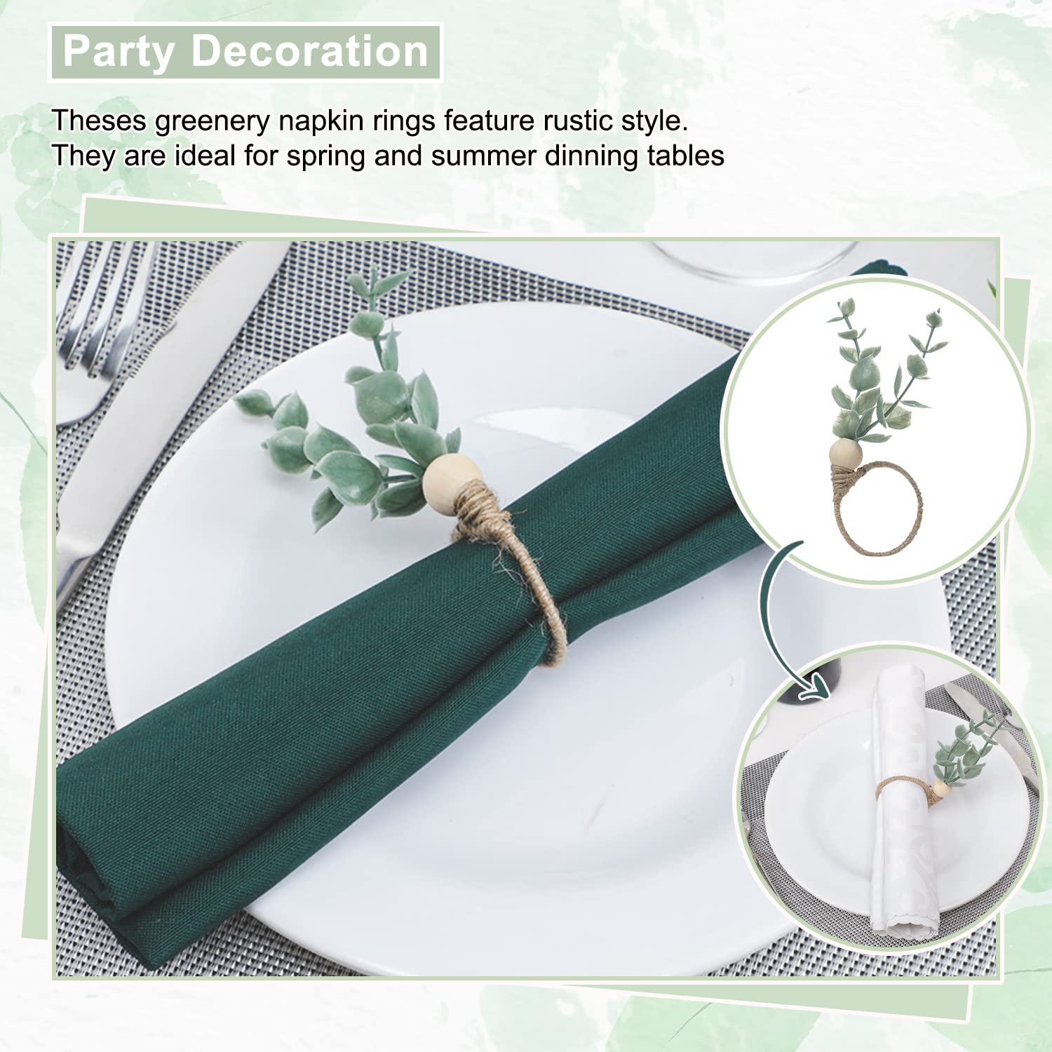 Mlurcu Napkin Rings Set Of 12, Eucalyptus Napkin Rings Christmas Napkin Rings Green Leaf Napkin Rings Spring Wood Bead Rustic Na