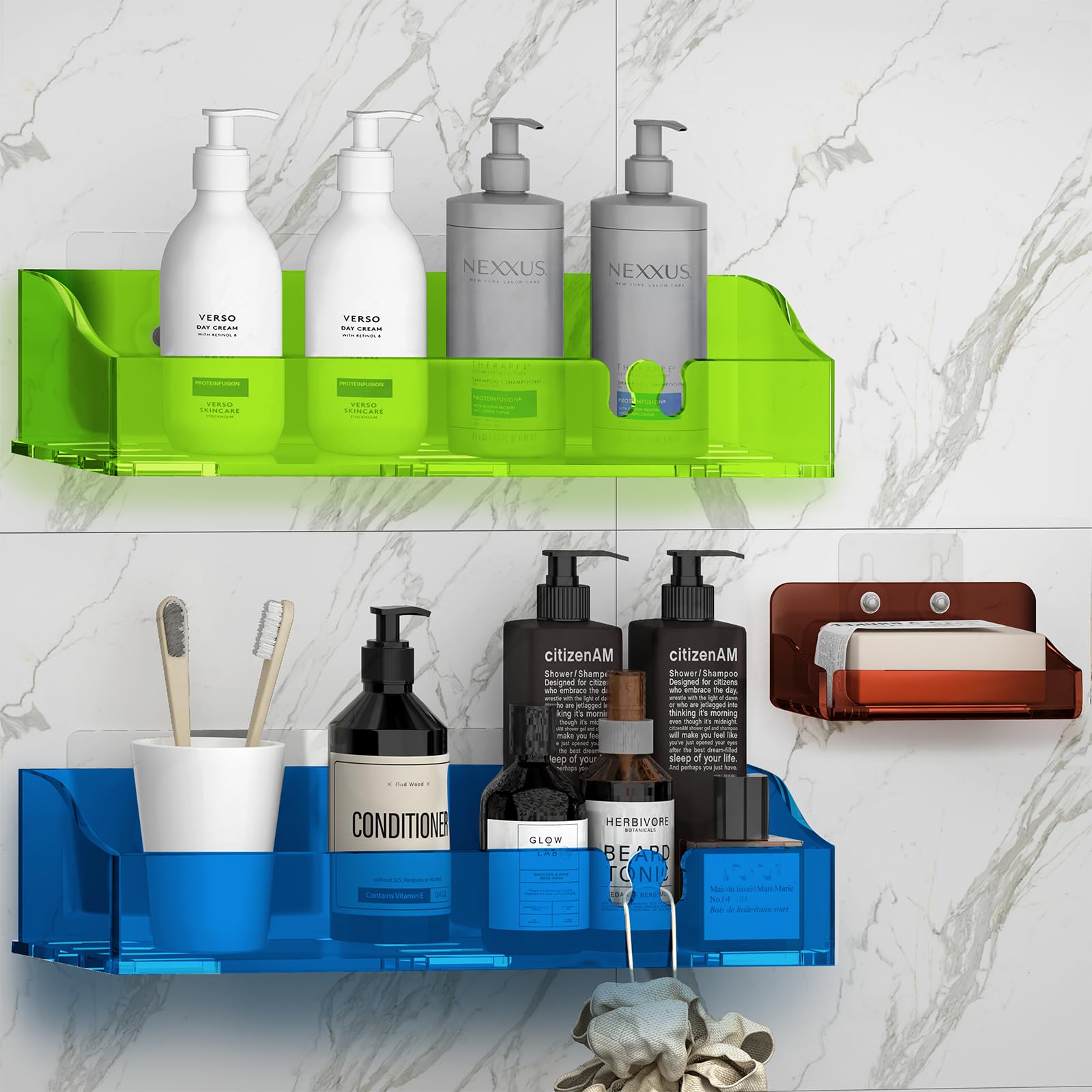 Yawsoup Acrylic Shower Shelves 3 Pack,Adhesive Shower Organizer For Bathroom Storage Home Decor,No Drilling,Colorful Organizer,S