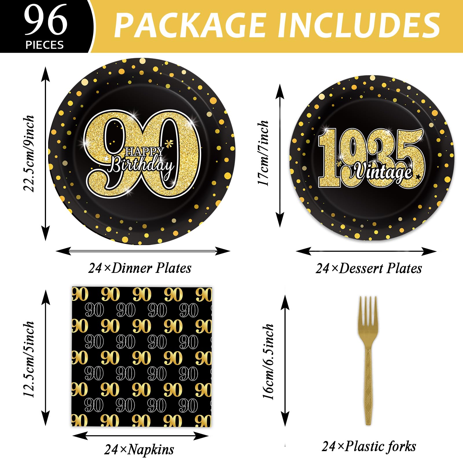 96Pcs 90Th Theme Birthday Party Tableware Vintage 1935 Party Supplies 90 Year Old Birthday Party Decorations Plates Napkins Fork