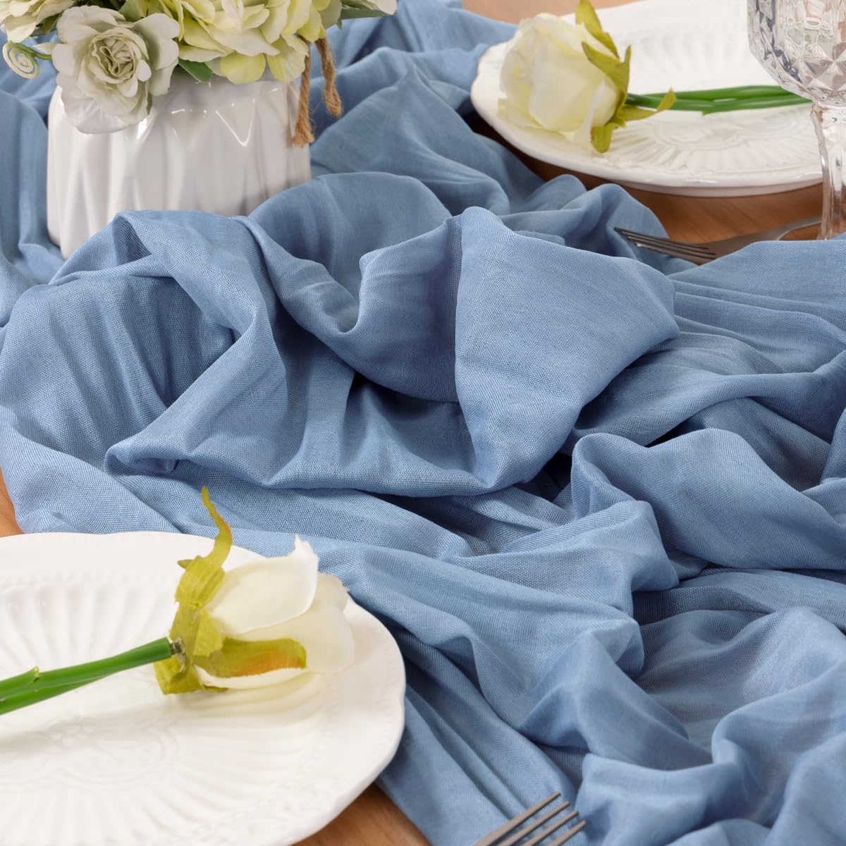 LINXTAR Dusty Blue Cheesecloth Table Runner 10Ft Vintage Rustic Gauze Tablecloth 35x122 Inches Boho Elegant Wedding Baby Shower Birthday Party Table Centerpiece  Photography Background