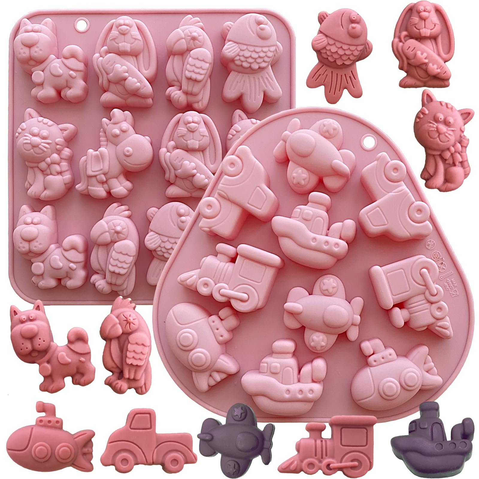 2PCS Animal Silicone Molds 3D Car Chocolate Candy Mold Transportation Gummy Jello Molds For Kids Dog Cat Fish Train Airplane Mol