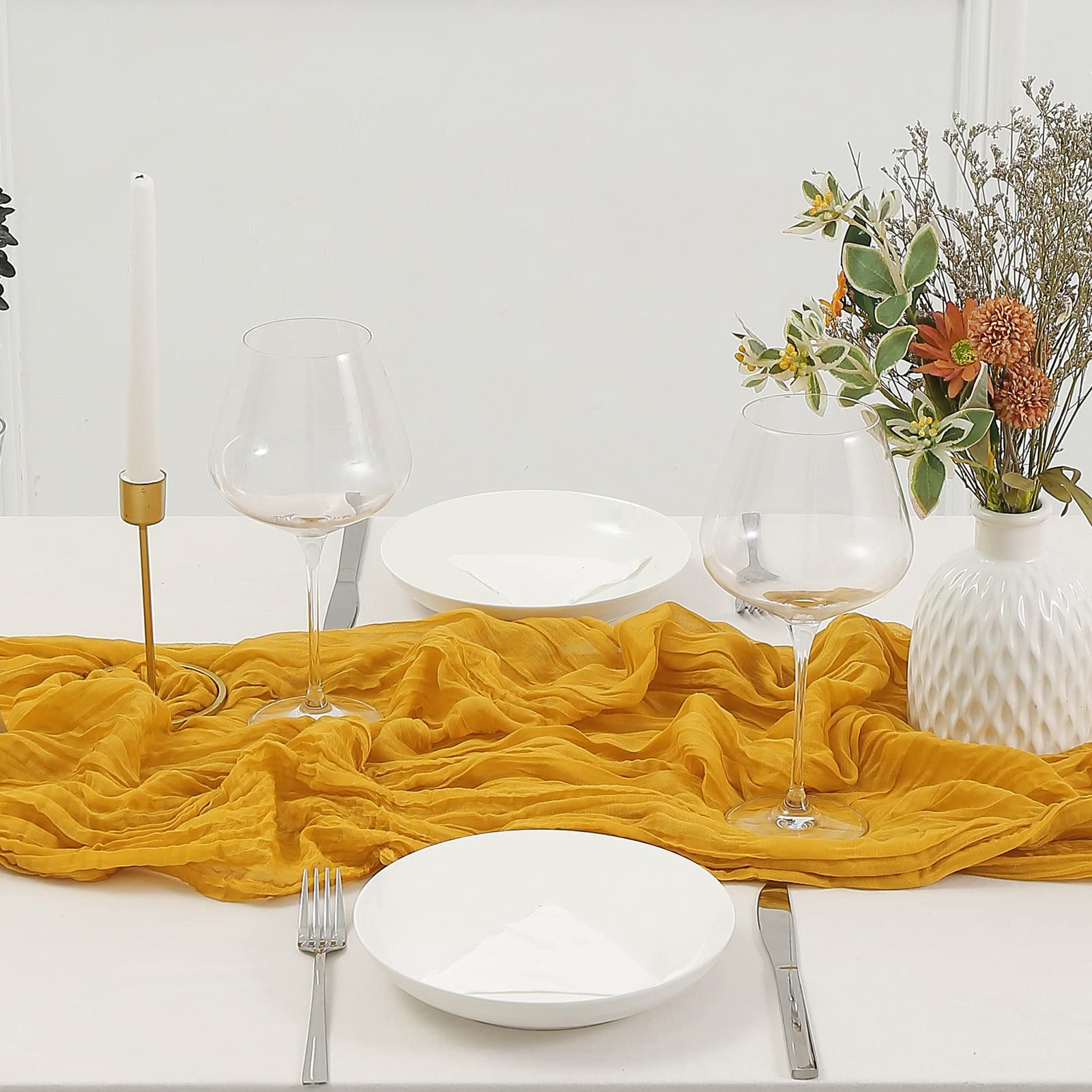 Dolopl Mustard Yellow Cheesecloth Table Runner 13.3Ft Boho Gauze Cheese Cloth Table Runner Rustic Sheer Runner 160Inch Long For