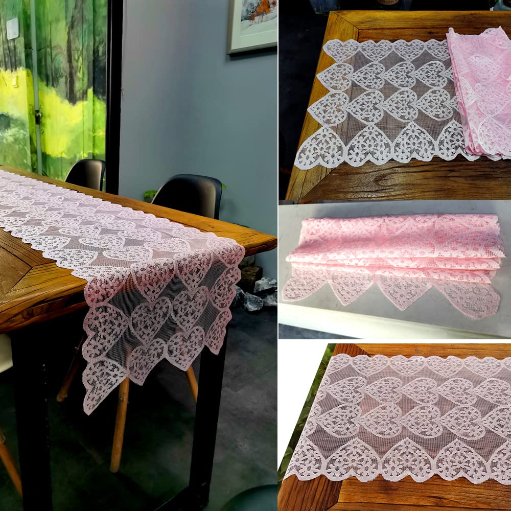 Saktopdeco 14 X 72 Inch Valentines Day Runner Pink Heart Table Runner Lace For Valentines Day Wedding Party Decorations