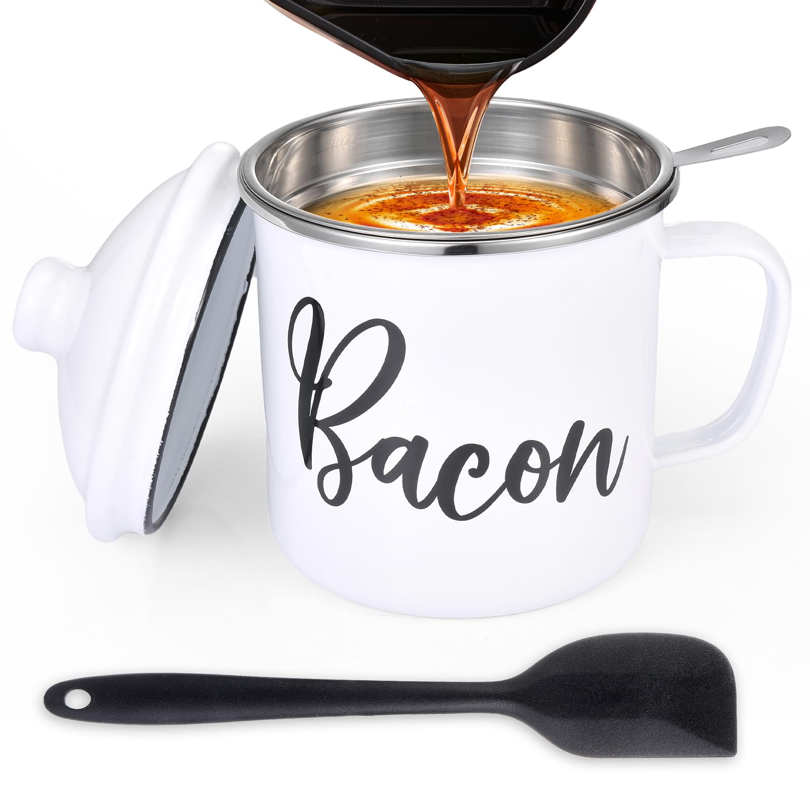 Bacon Grease Saver With Strainer - With Food-Grade Silicone Spatula, 46Oz Large Enamel Rustic Farmhouse Fat Container, Keeper, R