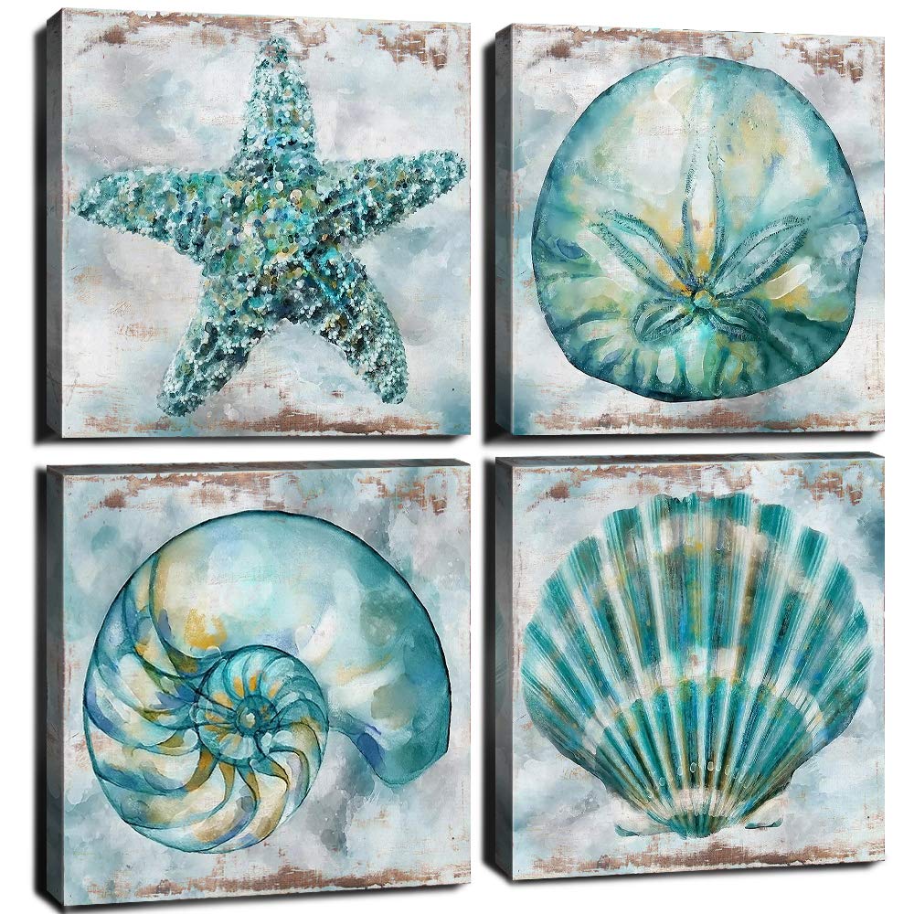 Teal Conch Canvas Wall Art Bathroom Decor Rustic Beach Watercolor Aqua Starfish Prints Pictures Vintage Shell Laundry Painting P