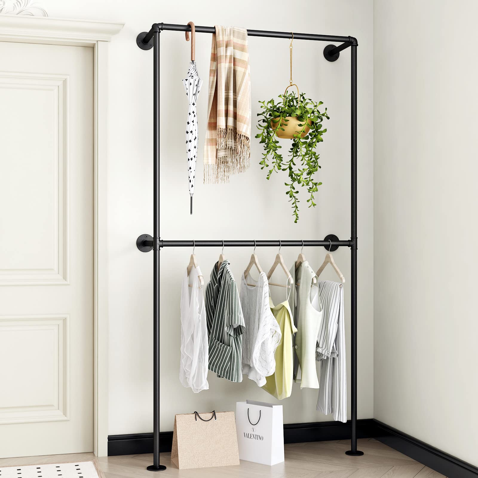 Ironjiazu Industrial Pipe Clothing Rack Wall Mounted Garment Rack,Black Clothes Rack Retail Display Hanging Rod For Closet Stora