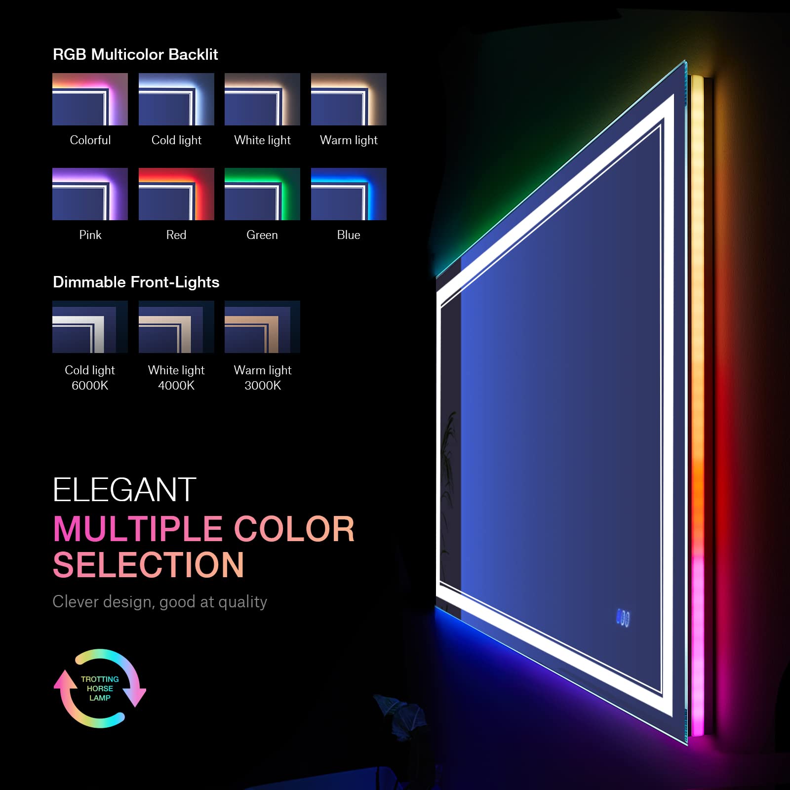 ISTRIPMF 40x24 inch LED Mirror for Bathroom RGB LED Lighted Bathroom Vanity Mirror with Lights Shatterproof Dimmable Anti-Fog RGB Backlit Mirror (RGB Multicolor Backlit + Front-Lighted)