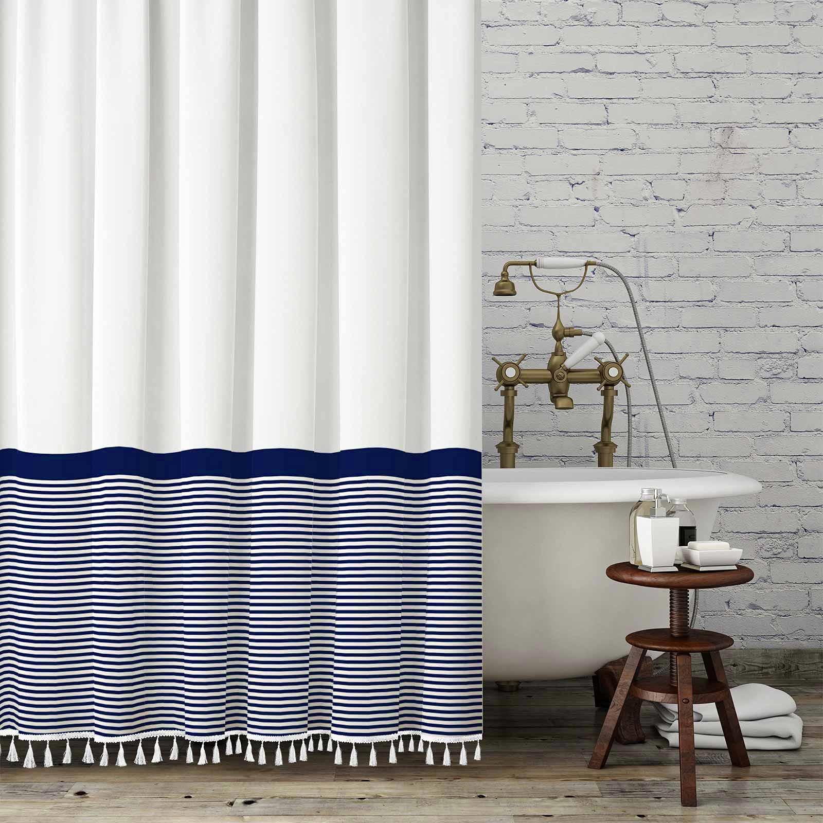 White Shower Curtain Navy Blue Striped With Tassels,Modern Fabric Farmhouse Shower Curtain For Bathroom Decor,Easy Care Waterpro