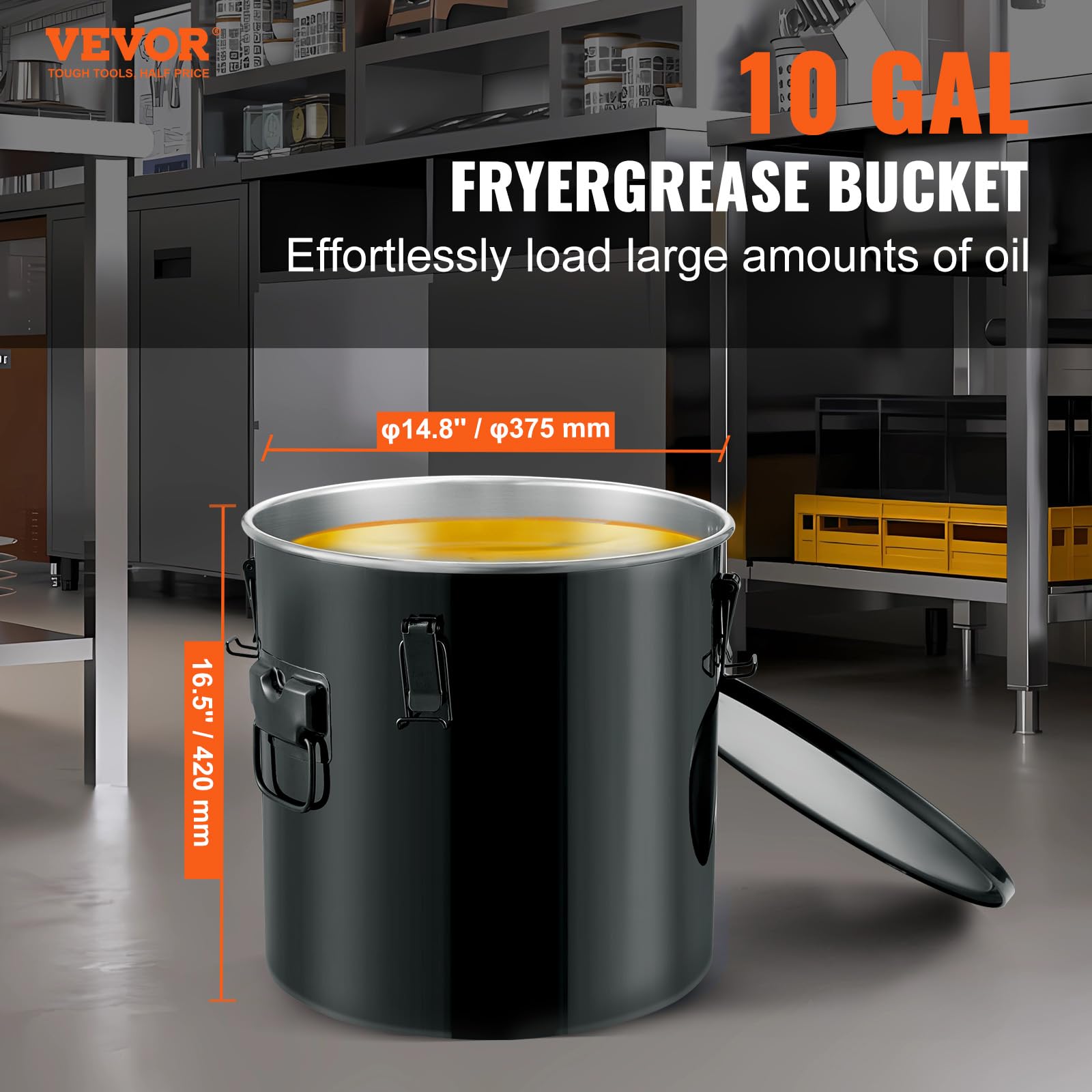 Vevor Fryer Grease Bucket, 10 Gal Oil Disposal Caddy Stainless Steel Fryer Oil Bucket Rust-Proof Coating, Oil Transport Containe