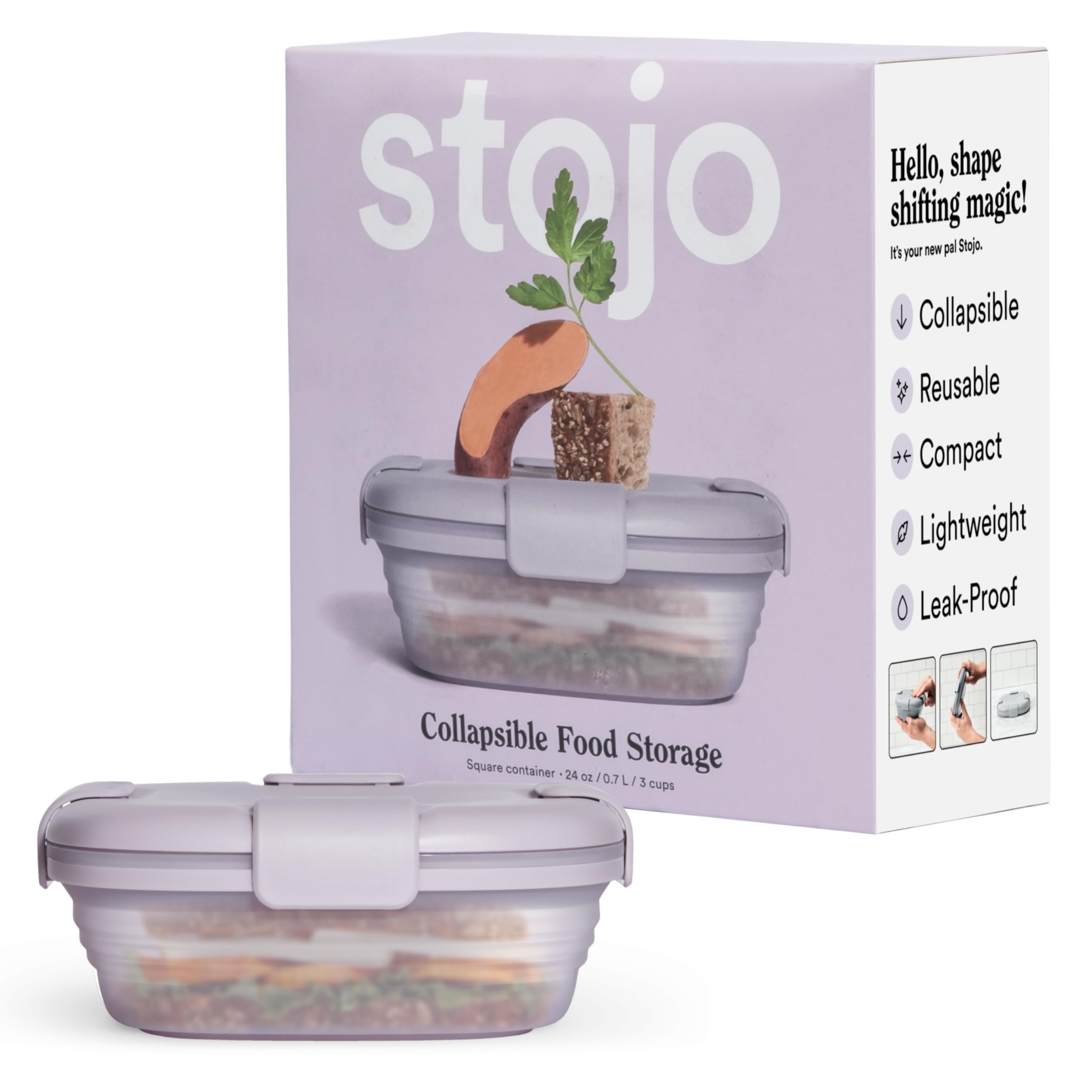 Stojo Collapsible Sandwich Box 5 Set- Translucent Aquamarine, 24Oz - Reusable Food Storage Container - To-Go Travel Silicone Bow