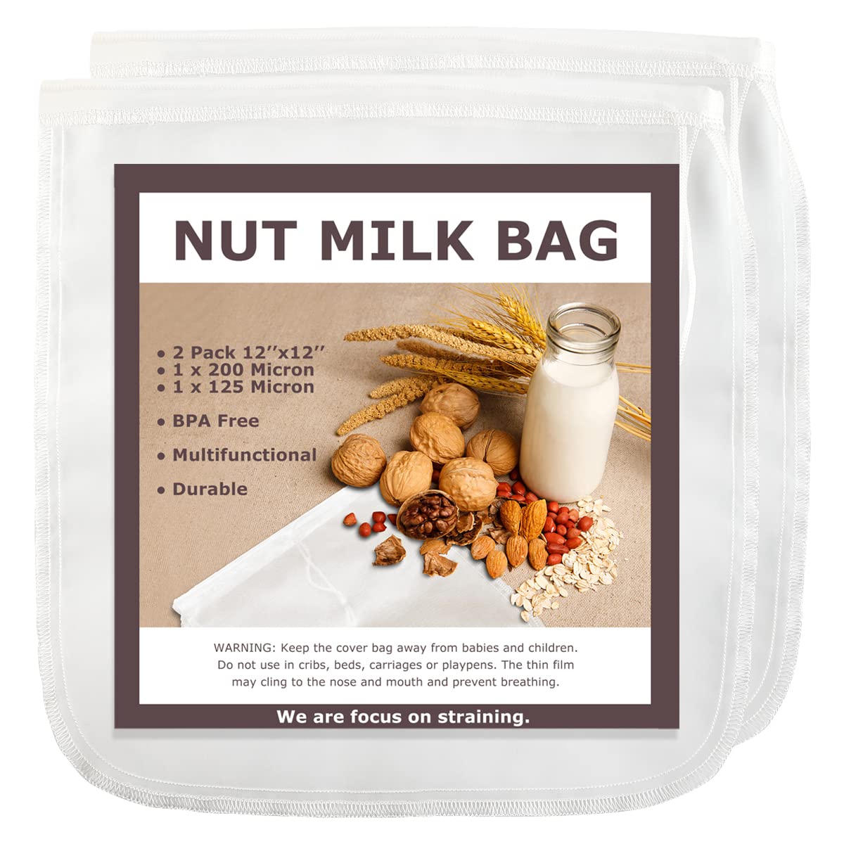 Nut Milk Bags, 12''X12'', 2 Pack, Reusable Nylon Food Strainer, Multi-Use Food Grade Filter For Almond Milk, Juice, Tea, Cold Br