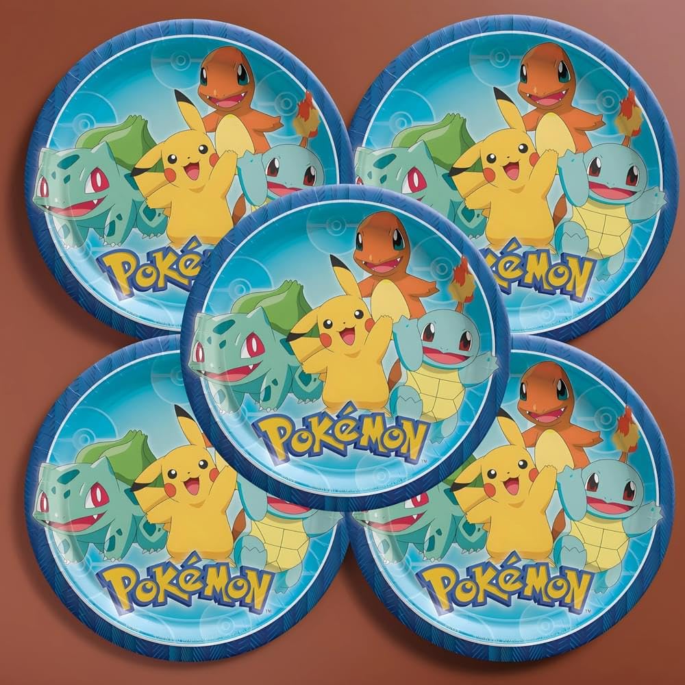 Round Multicolor Pokemon Paper Plates (Pack Of 8) - 9'', Disposable Plates For Birthday Party Supplies, Themed Party, Baby Showe