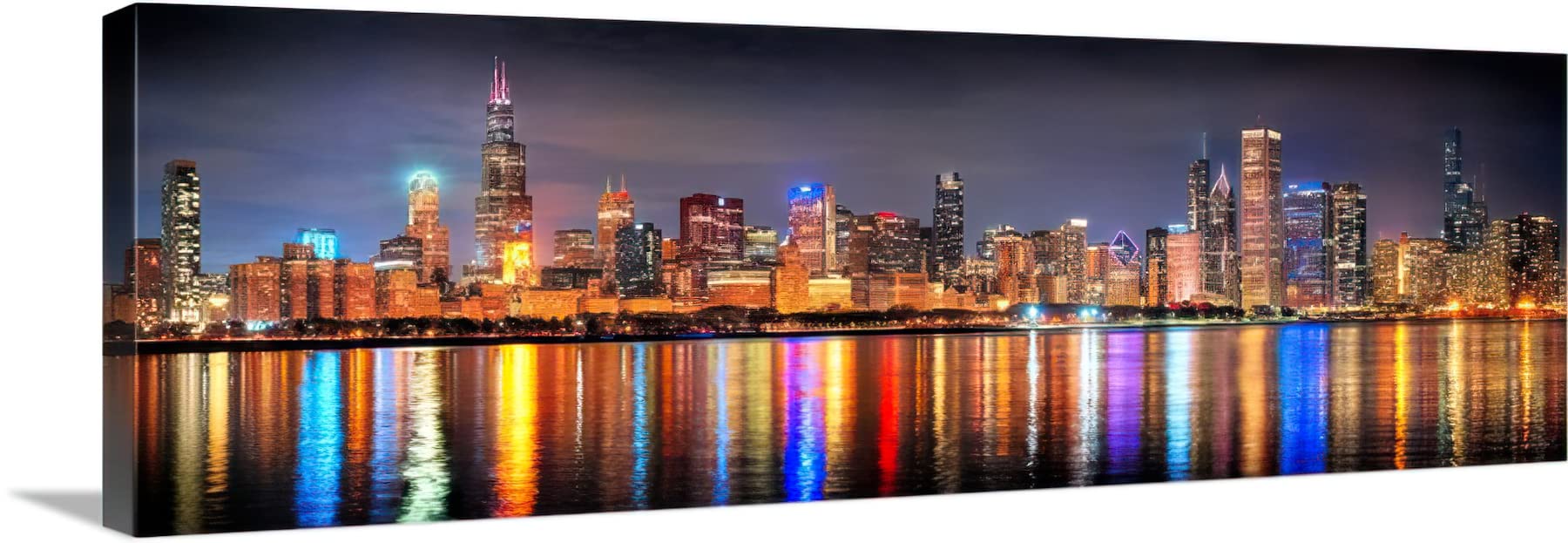 Photosbyjon Canvas Chicago Skyline 2022 Night Color 16 Inches X 46 Inches City Downtown Photographic Panorama Print Photo Pictur