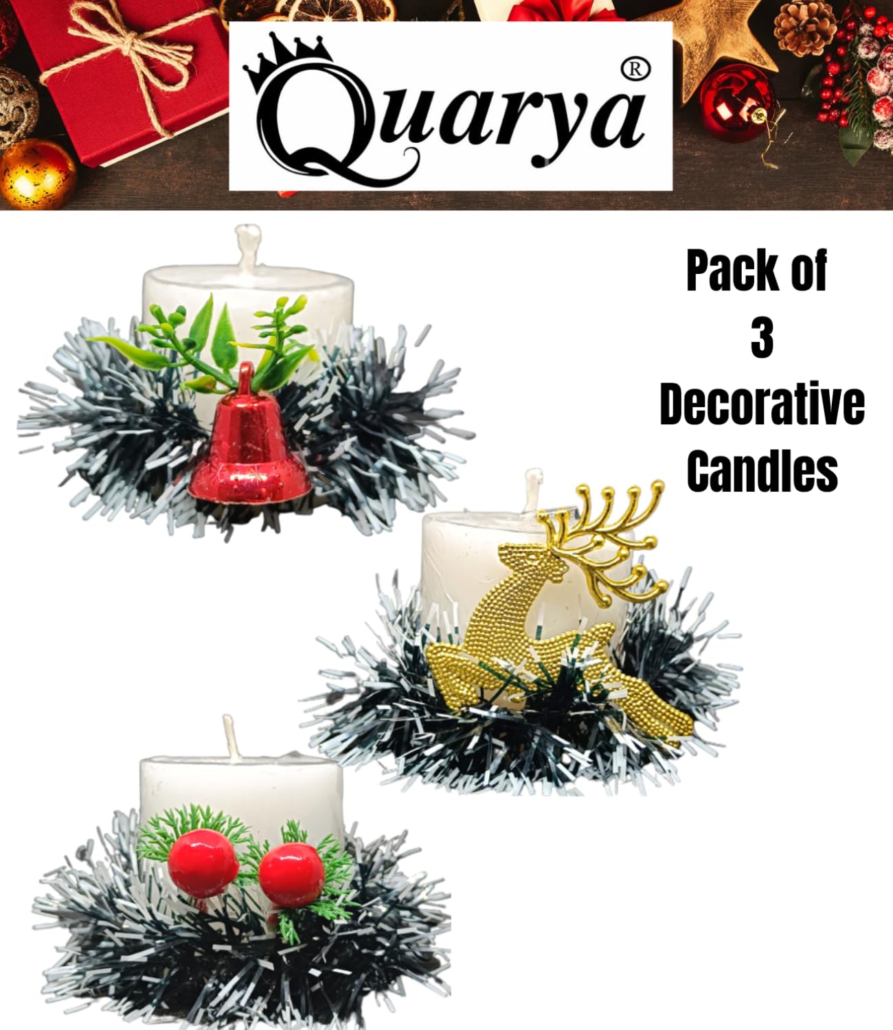 Quarya Decorative Candles White Wax Pillar Round Merry Christmas Candles with Decoration Items for Xmas Santa Candles for Home O