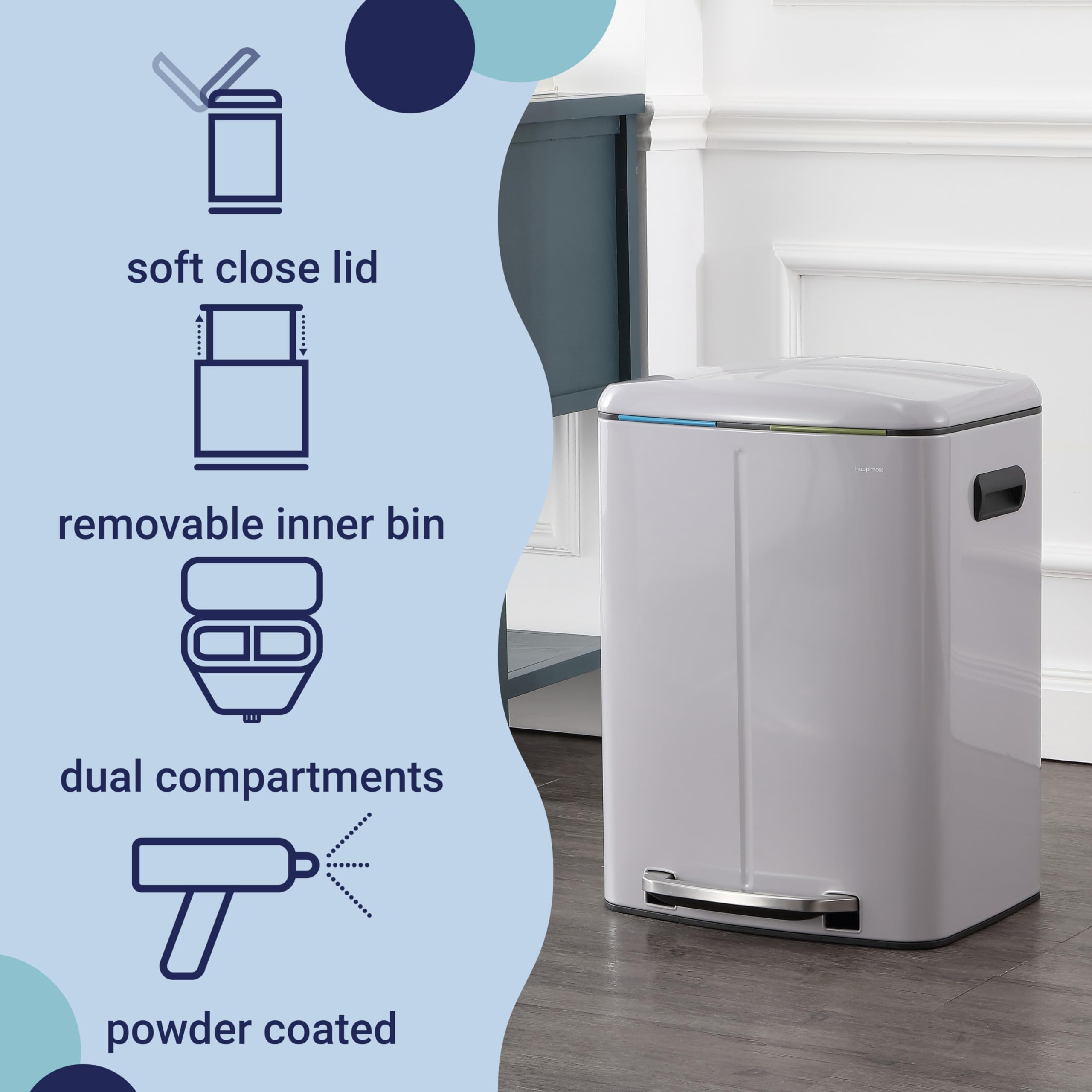 Happimess Hpm1005I Marco Rectangular 10.6-Gallon Double Bucket Trash Can With Soft-Close Lid, Fog Gray, Fingerprint Resistant, M