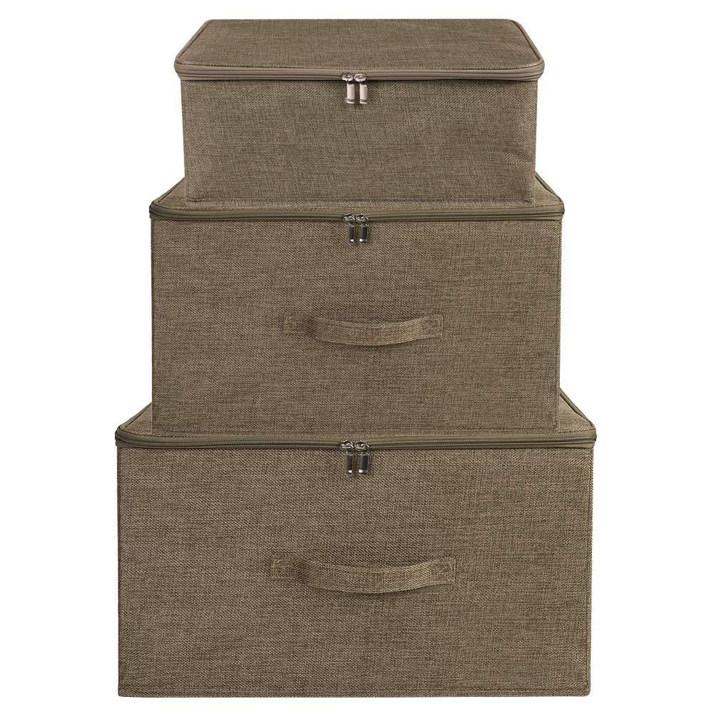 ANMINY Storage Bins with Zipper Lid Storage Boxes with Handles PP Plastic Board Foldable Lidded Cotton Linen Fabric Home Cubes Baskets Closet Clothes Toys Organizer Containers - Coffee  Small Size