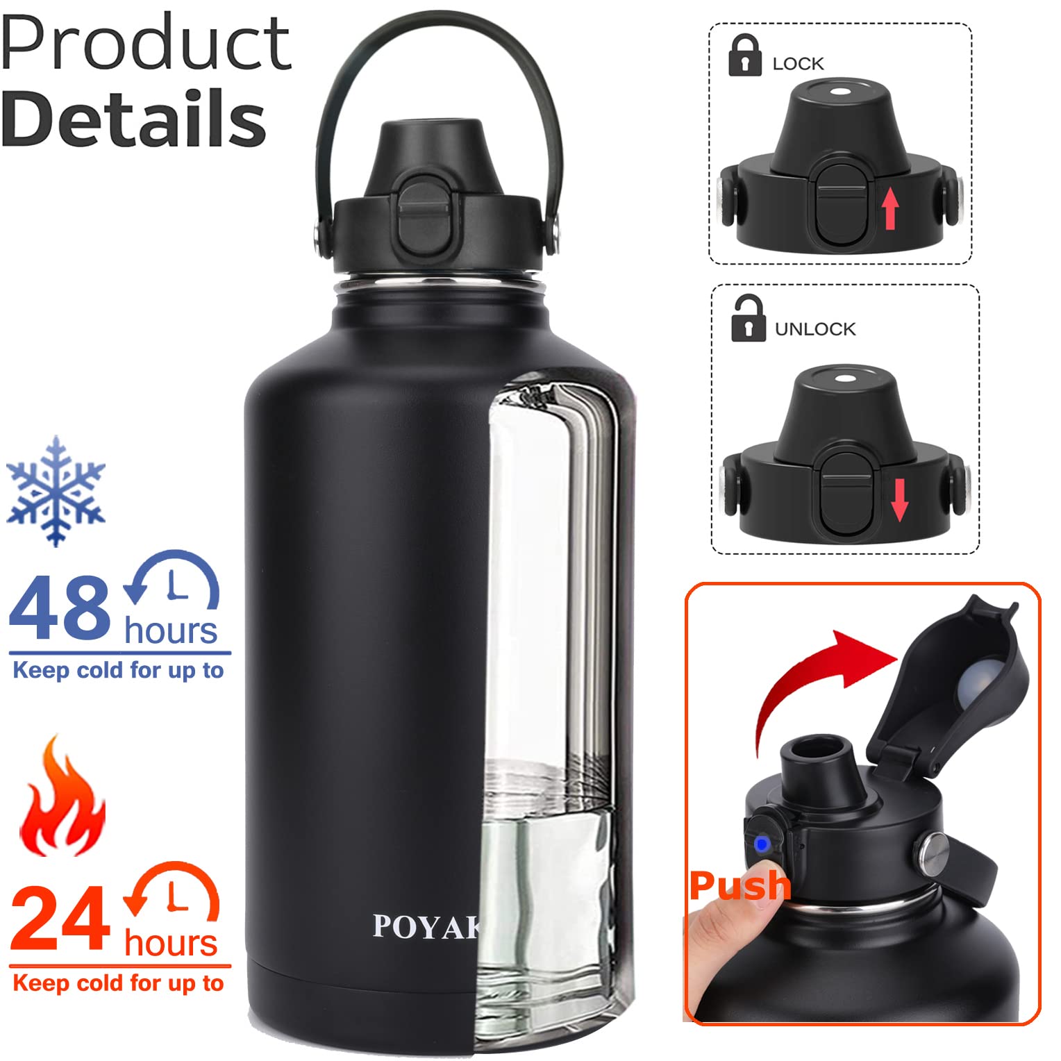 Water Bottle Insulated 64 Oz- Straw Lid And Auto Spout Lid, Leak Proof, Vacuum Insulated, Large Metal Stainless Steel Water Jug