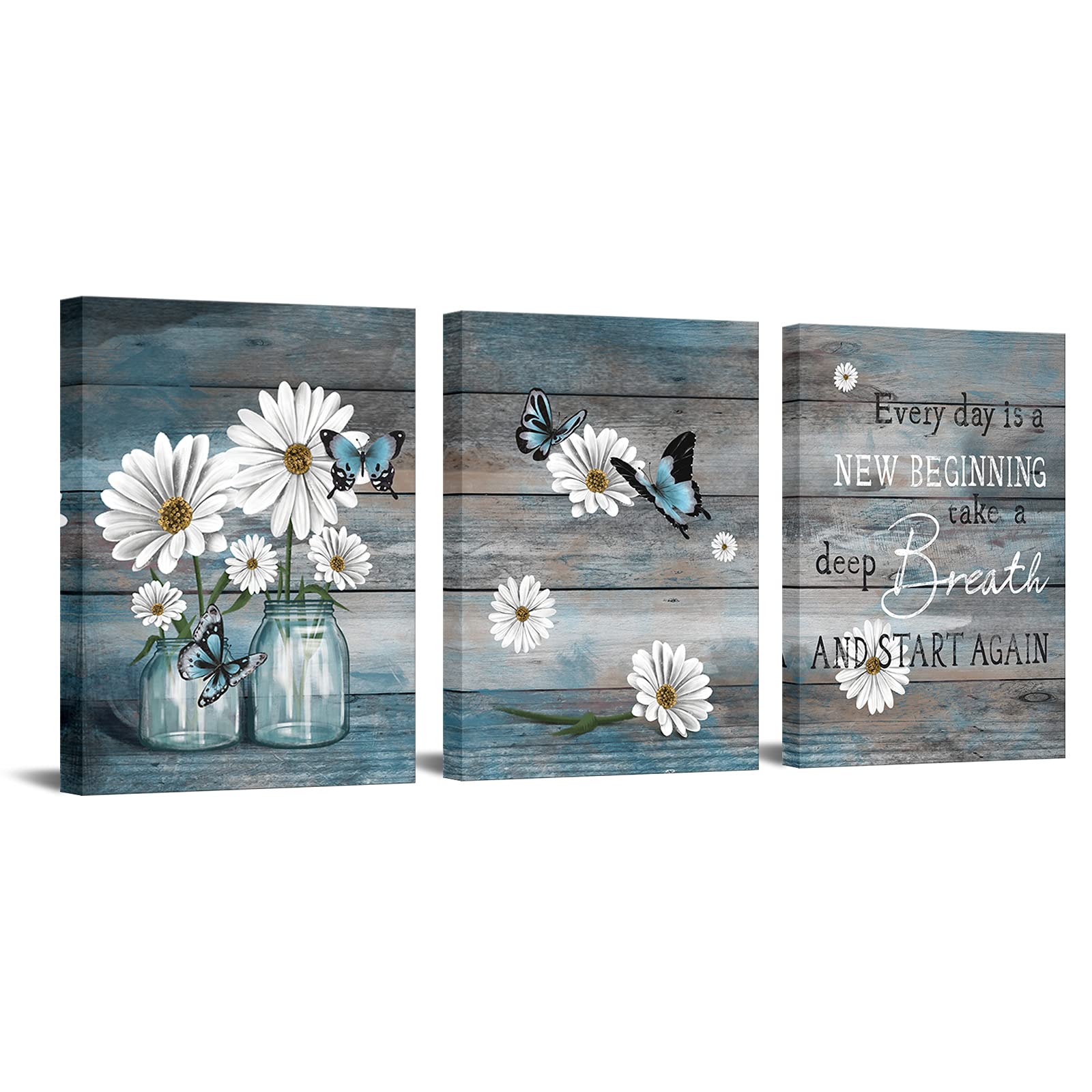Ryounoart 3 Piece Daisy Wall Art Butterfly Inspirational Picture On Canvas For Kitchen Office Wall Decor Rustic Country Painting