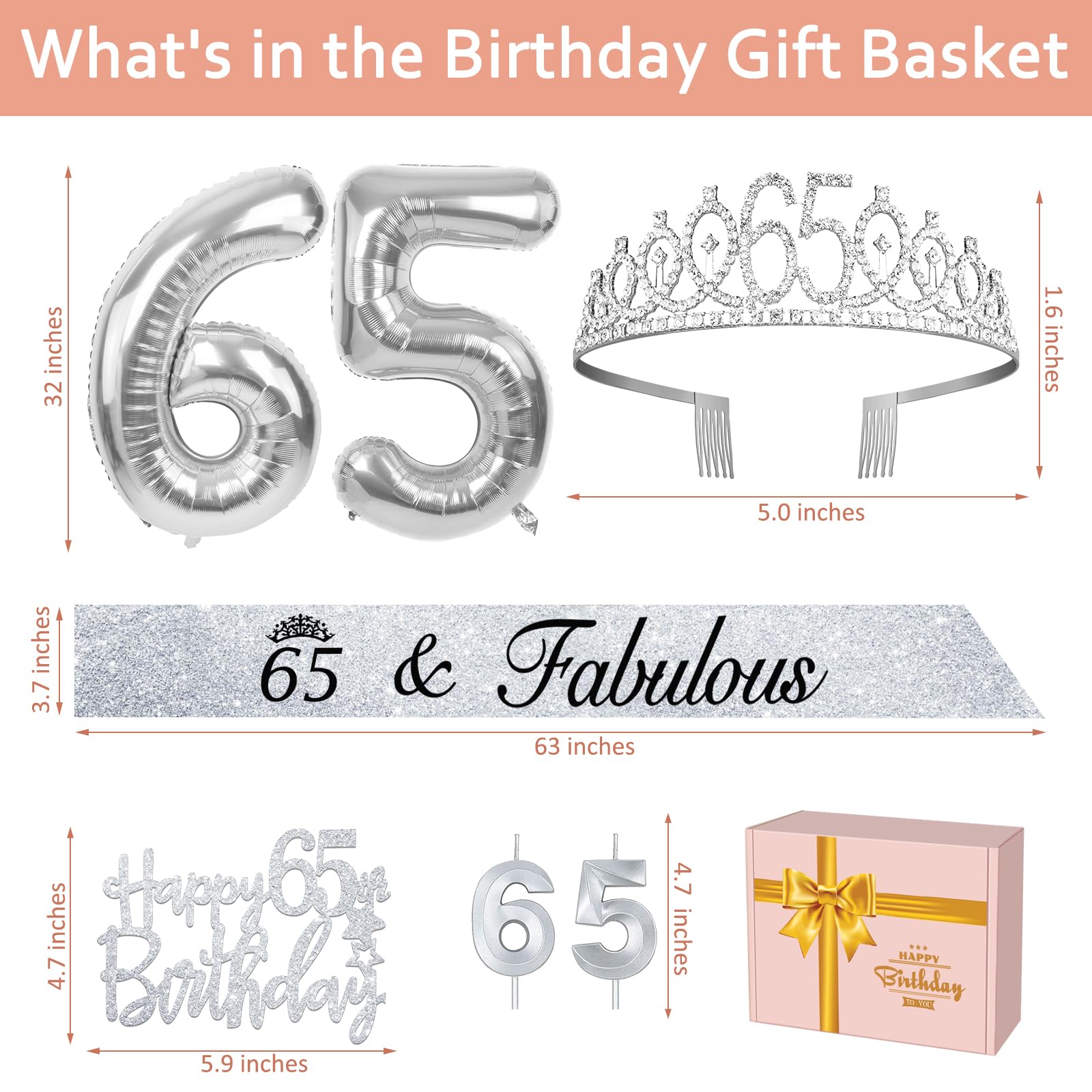 65th Birthday Decorations for Women Silver with 65th Birthday Sash and Tiara, Cake Topper and Candles, Silver Number Balloons, 6