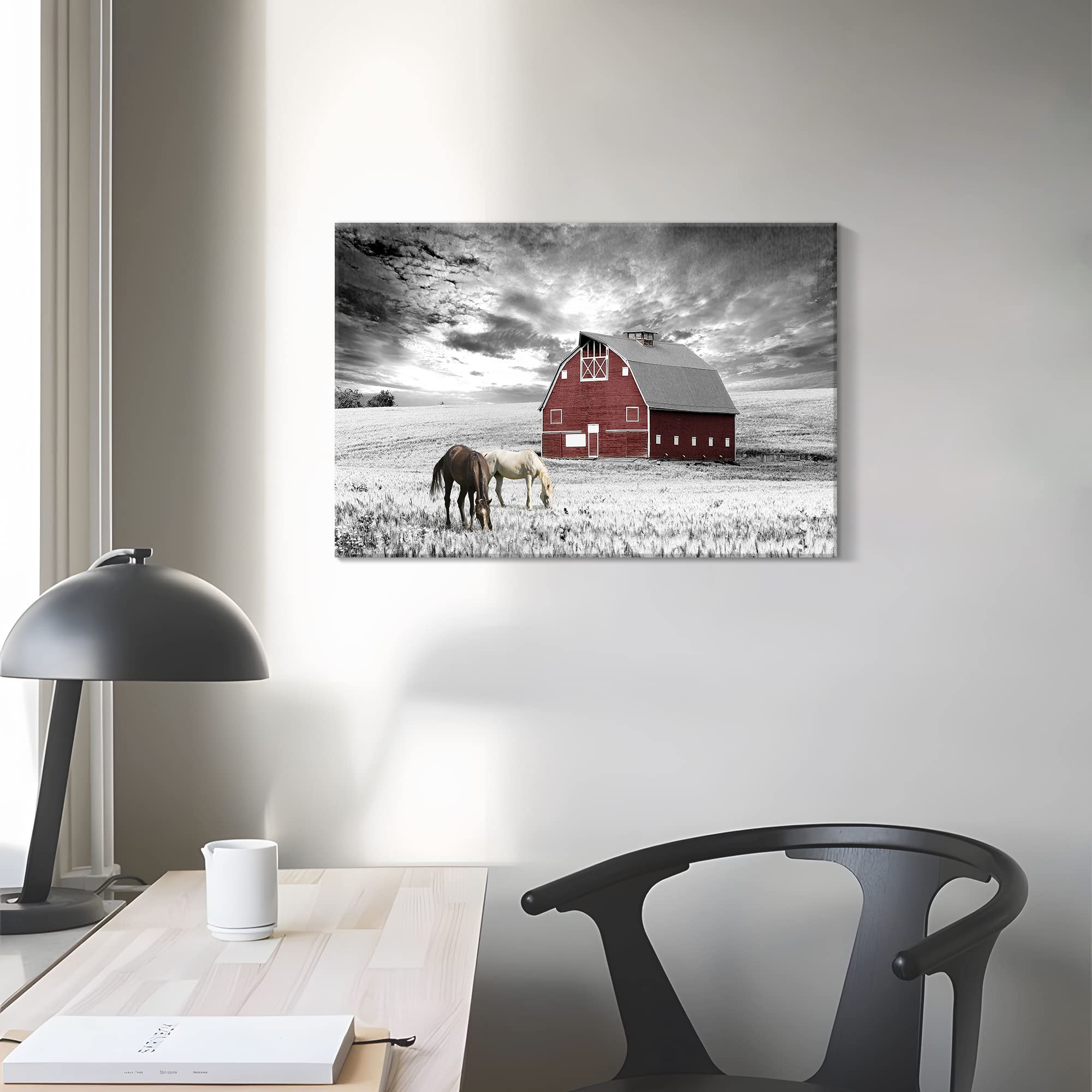 Sd Soft Dance Farmhouse Barn Canvas Wall Art: Black White Farm Landscape Pictures Country Scenery Artwork Horse Painting Prints