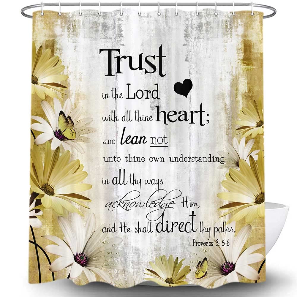 Rustic Farmhouse Yellow Shower Curtain Bible Verse Inspirational Shower Curtain Country Farm Bright Beige Daisy Flowers Butterfl