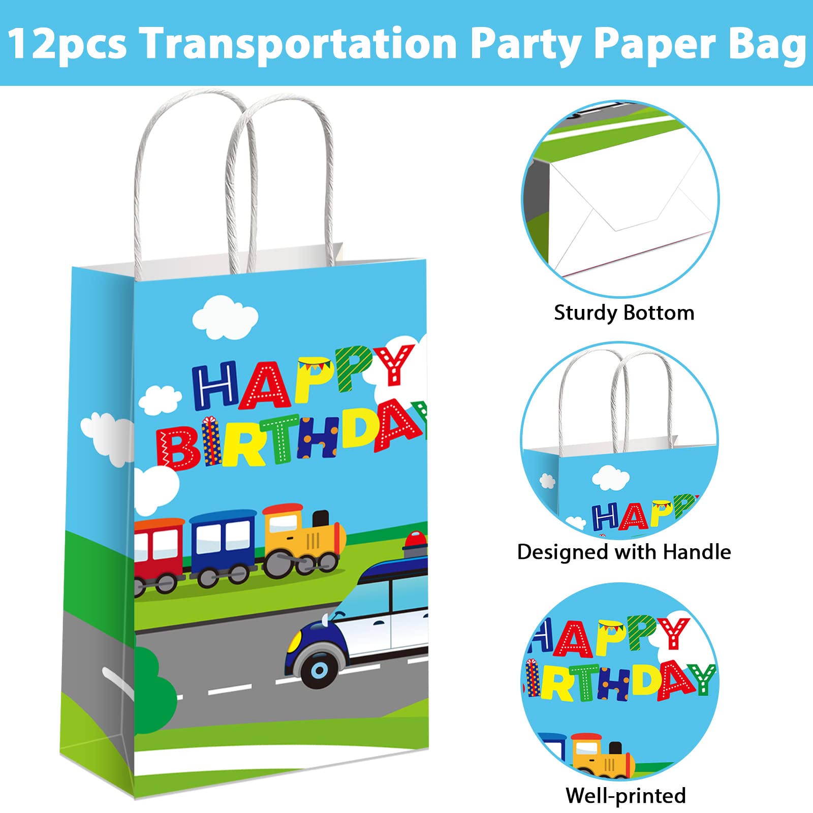Gisgfim 12Pcs Transportation Party Favor Gift Bags Transportation Theme Party Treat Paper Candy Goodie Bag With Handle For Trans