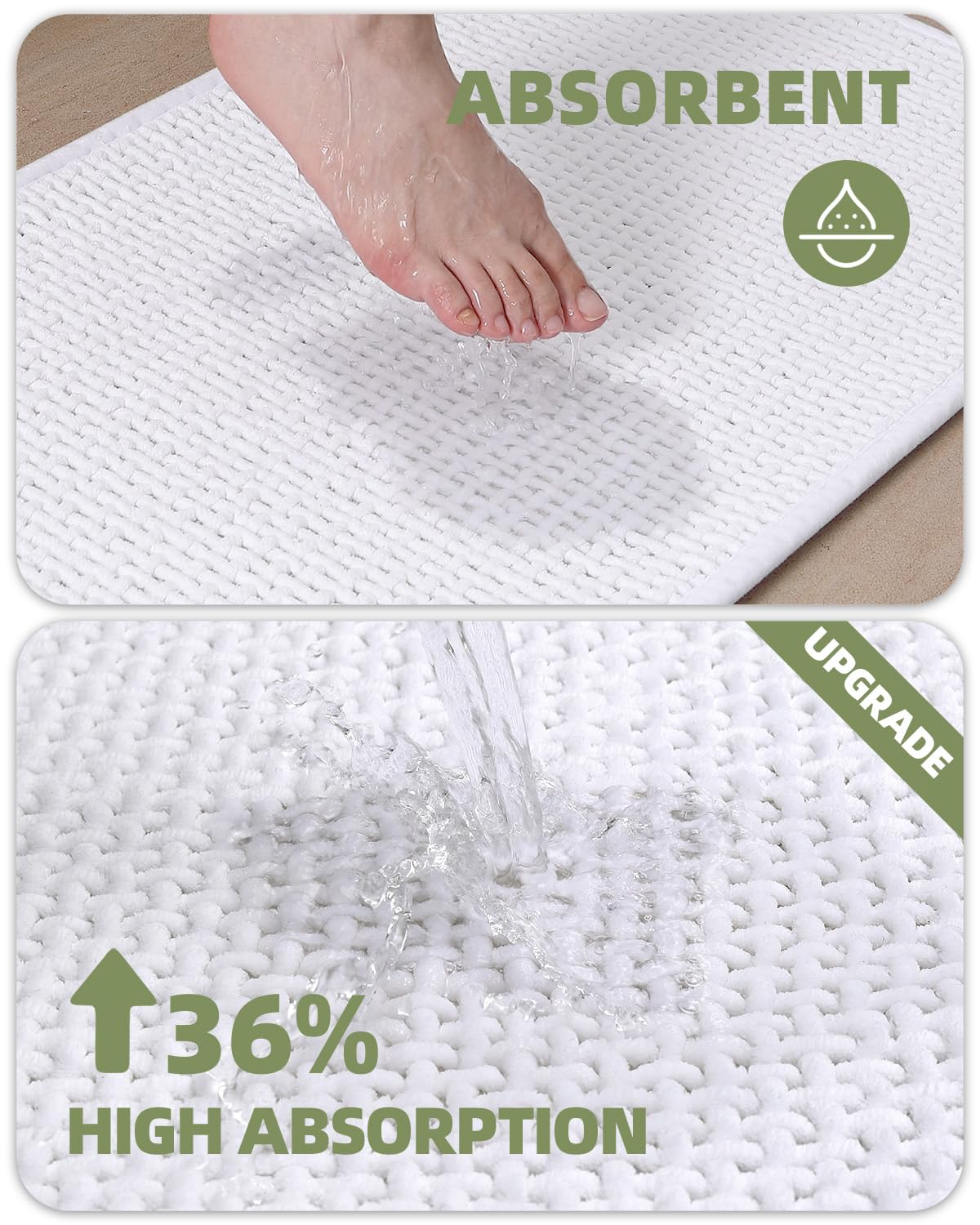 Color&Geometry Small Bathroom Rugs Upgraded Denser Chenille Pile, 16''X24'' Non Slip Absorbent White Bath Mats For Bathroom Thin