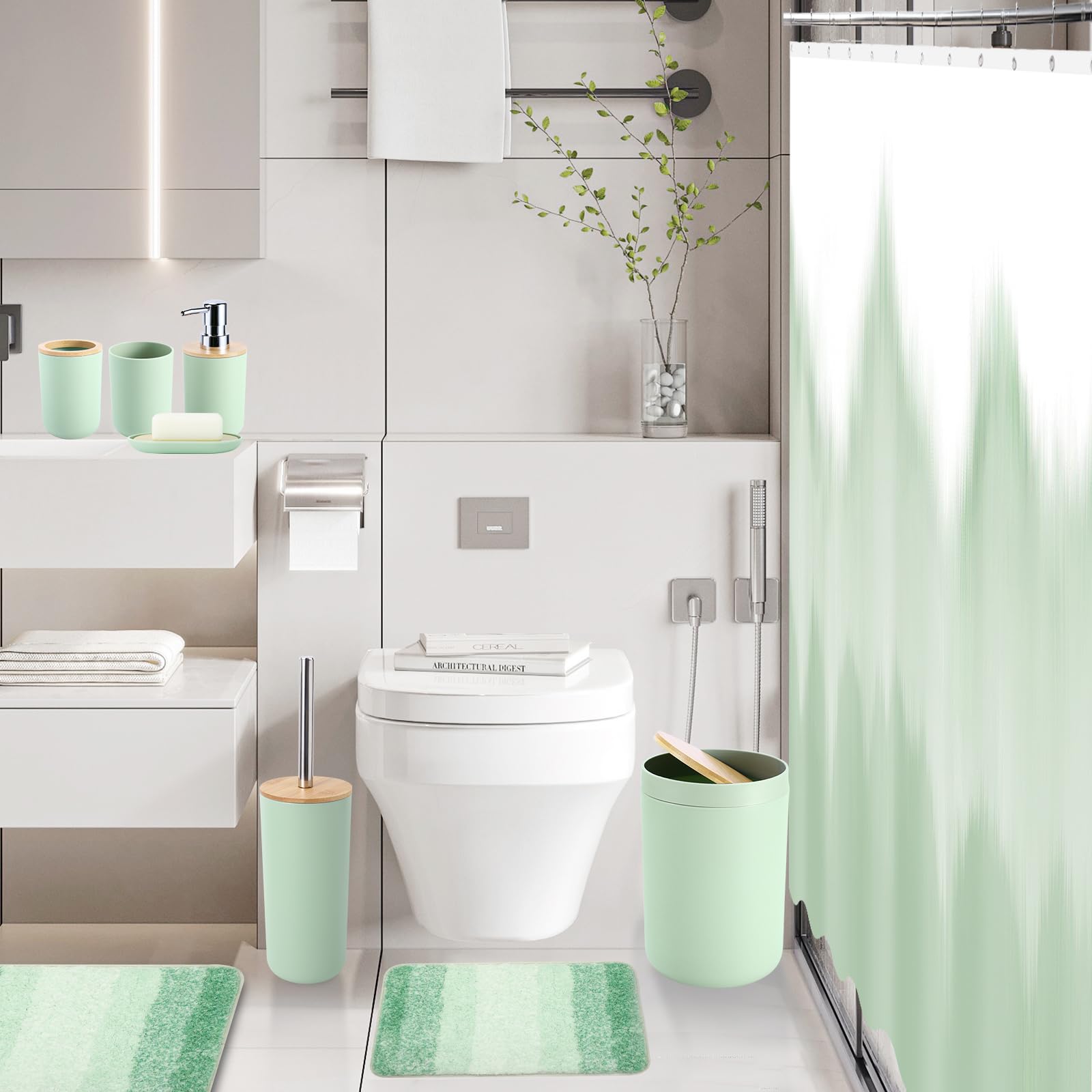 Imucci Bathroom Accessories Green Bathroom Sets With Shower Curtain And Rug, Green Ombre Waterproof Shower Curtain With Ultra Ab