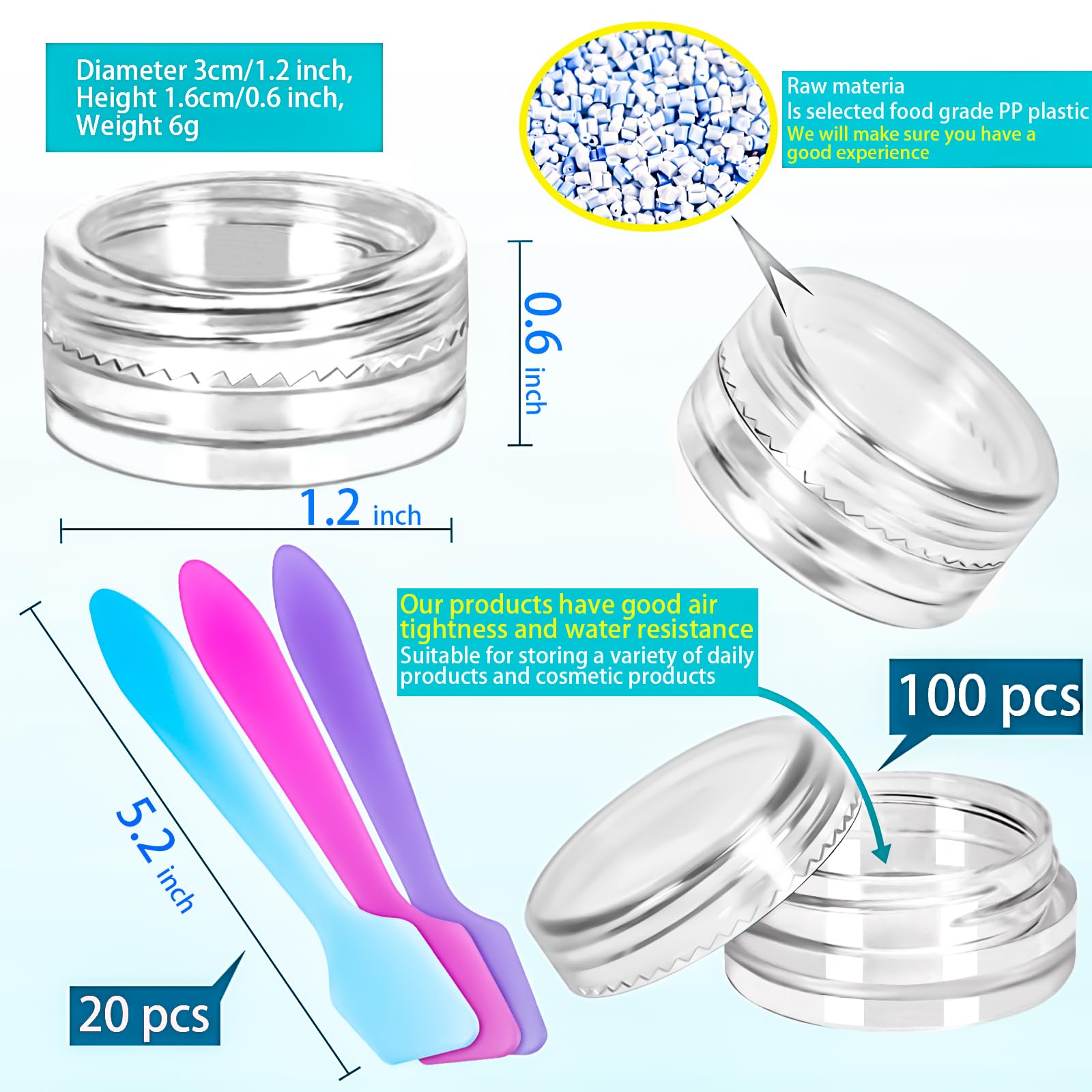 Motbach 100 Pcs 3G Empty Plastic Containers With Lids,Tiny Makeup Sample Containers Small Pot Jars Clear Round Cosmetic Jars Wit