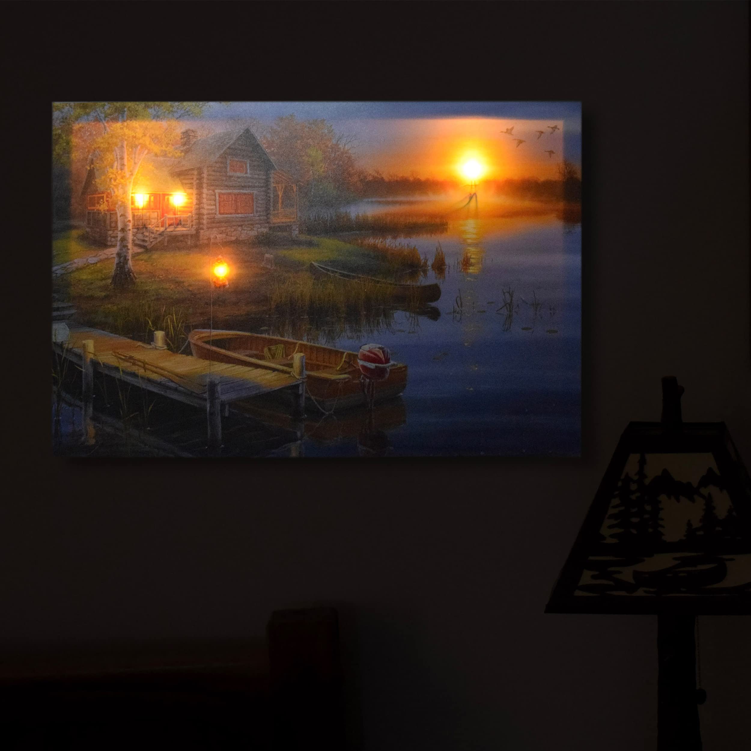 Rivers Edge Products LED Canvas Wall Art  24 by 16 Inches  Fiber Optic Light Up Wall Decor  Battery Operated Lighted Nature Canvas Print  LED Light Kitchen  Bedroom  or Home Decor  Lake Cabin