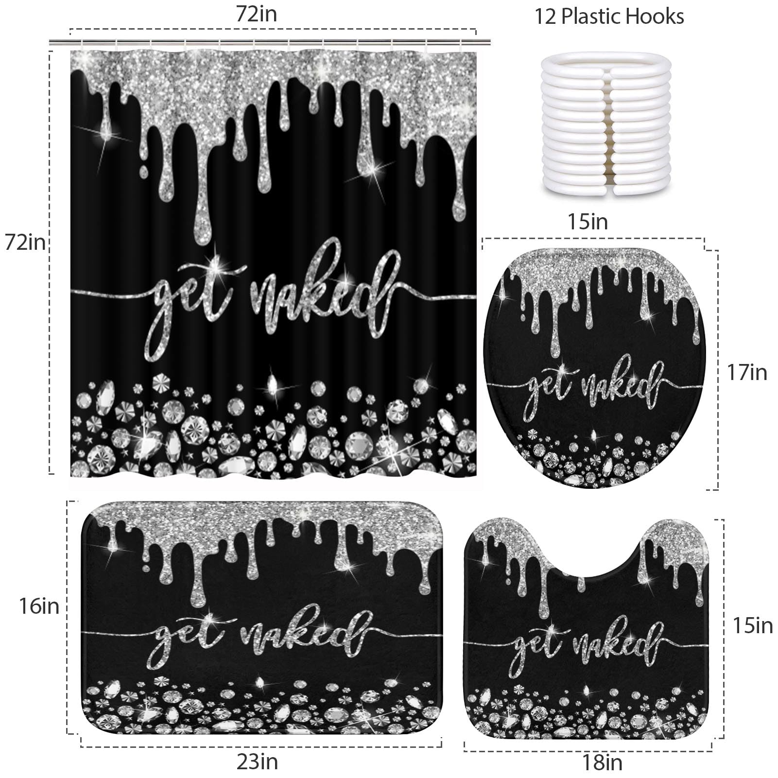 Artsocket 4Pc Silver Get Naked Shower Curtain Sets Diamond Gold Bathroom Decor With Rugs, Non-Slip Rug,Toilet Lid Cover, Bath Ma
