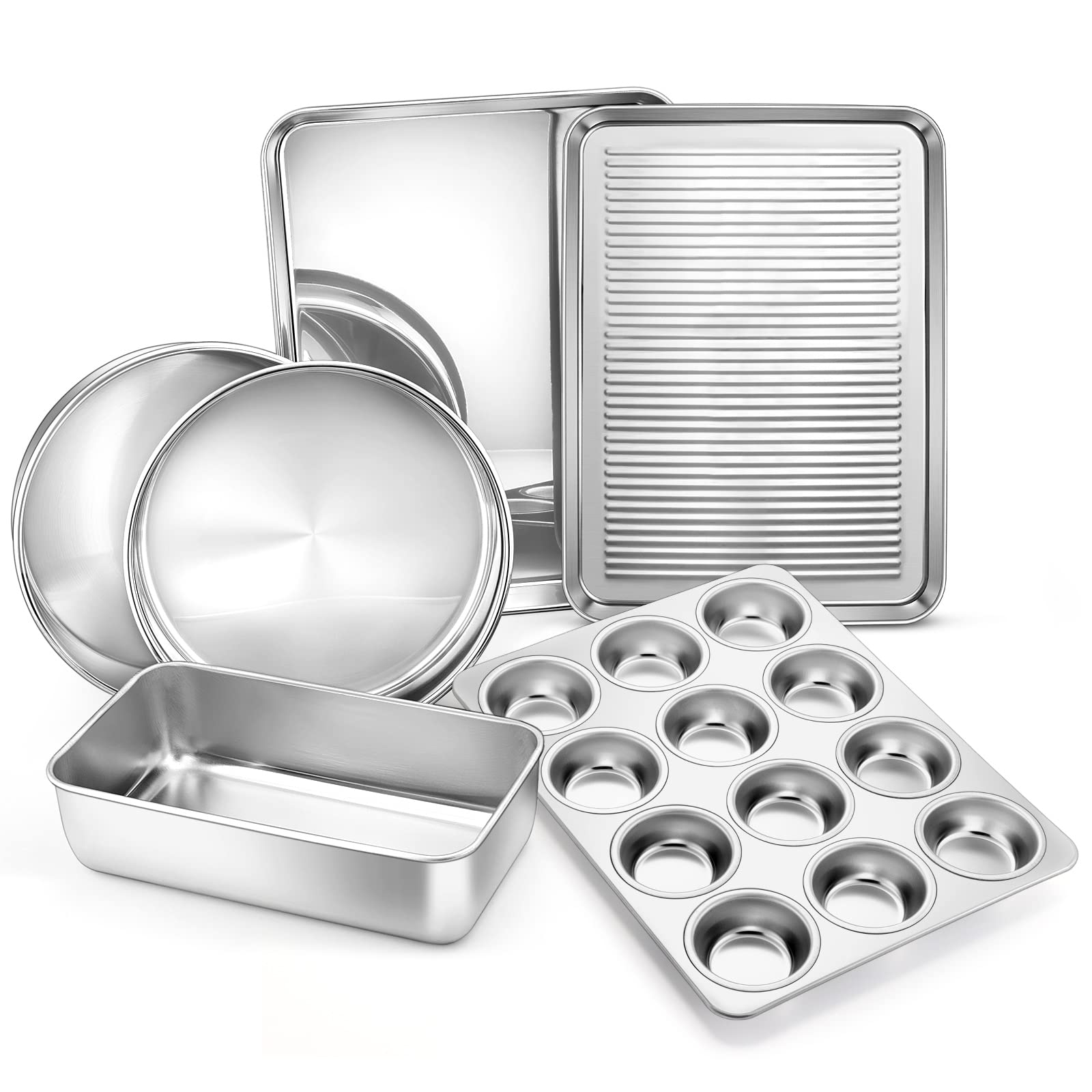 E-far 6-Piece Baking Pans set, Stainless Steel Bakeware Set for Oven, Include 8-Inch Cake Pan/Rectangle Baking Cookie Sheet/Muff
