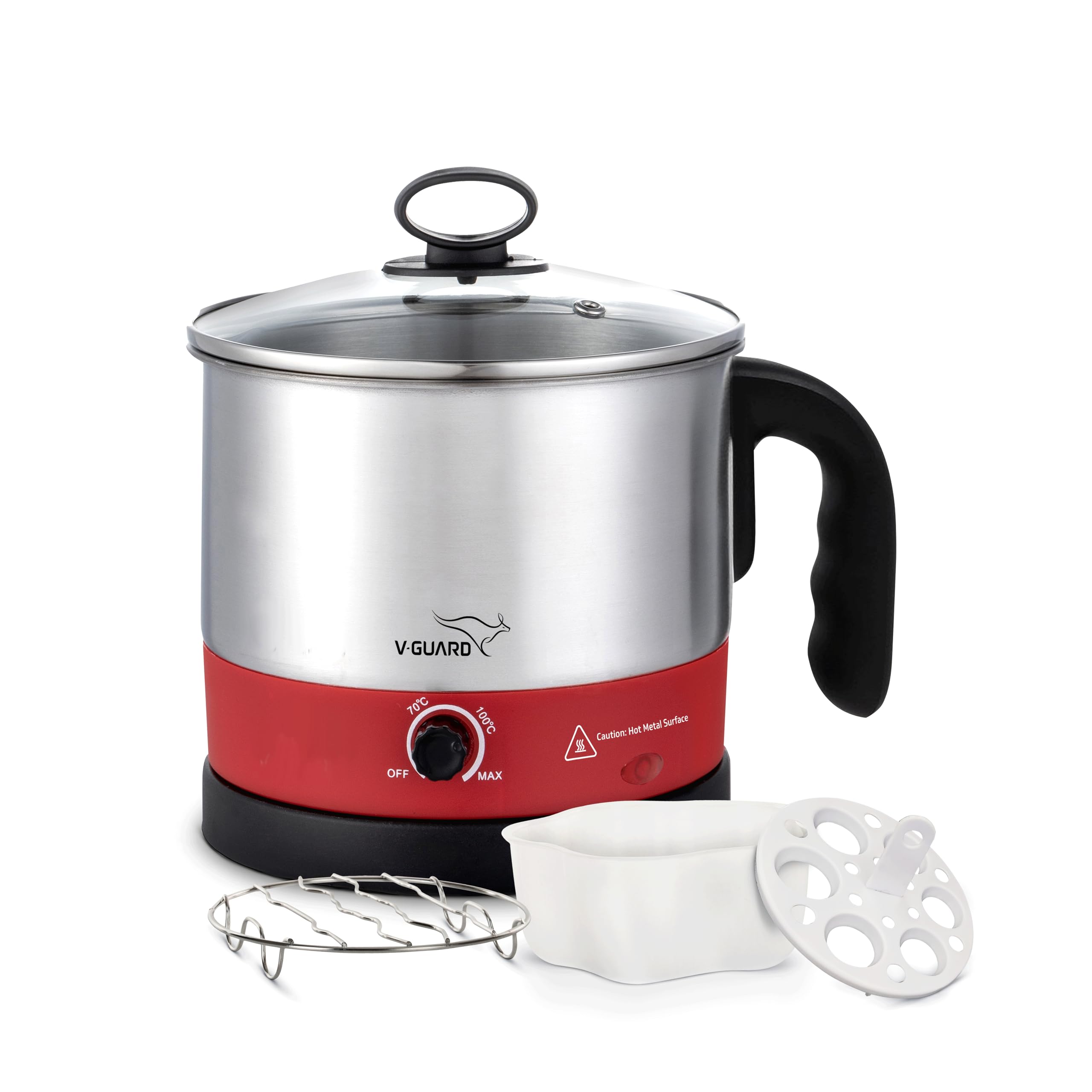 VGuard Vkm12 | 1.2L | 600 W | Multipurpose Electric Kettle With Pp Egg Tray, Pp Idli Stand And Pp Bowl |360 Rotating Base, Auto