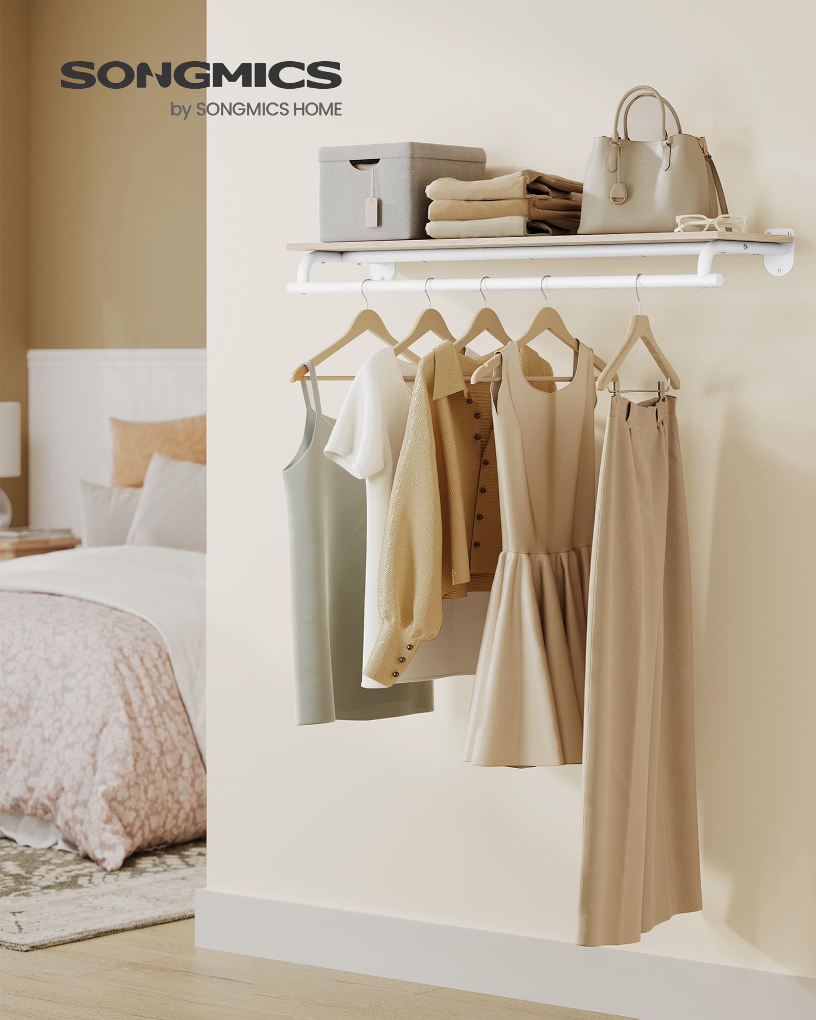 Songmics Clothes Rack With Top Shelf, Wall Mounted Clothing Rack, With Hanging Rod, Loads Up To 132 Lb, 11 X 42.9 X 5.2 Inches,