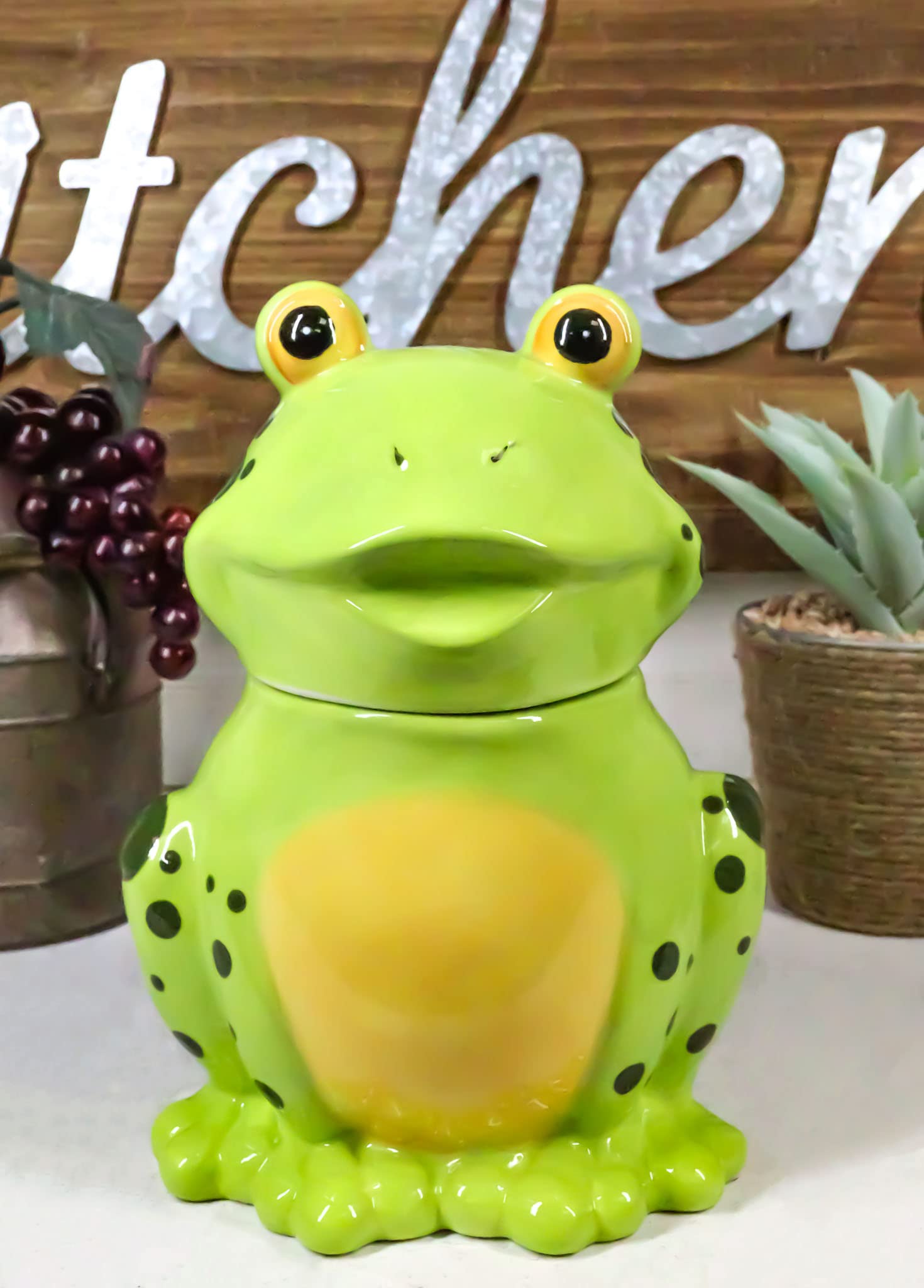 Ebros Whimsical Froggie Croak The Green Spotted Frog Ceramic Cookie Jar Container Figurine 8'' Tall Animal Amphibians Toads Frog