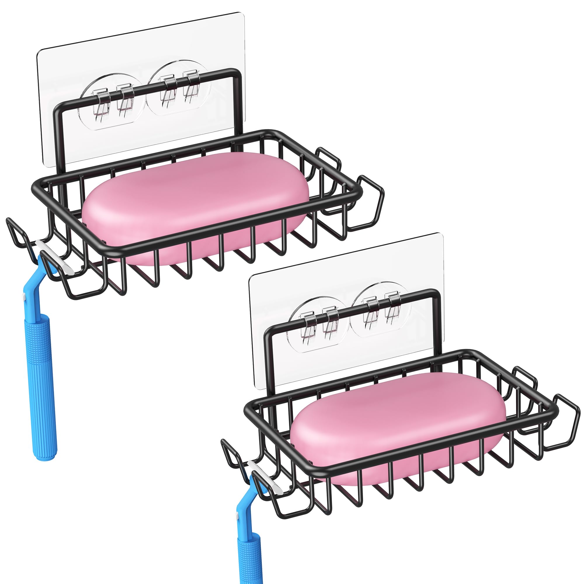 Ailibuligo Adhesive Soap Bar Holder Dish For Shower Wall With Hooks, Black, 2 Pack