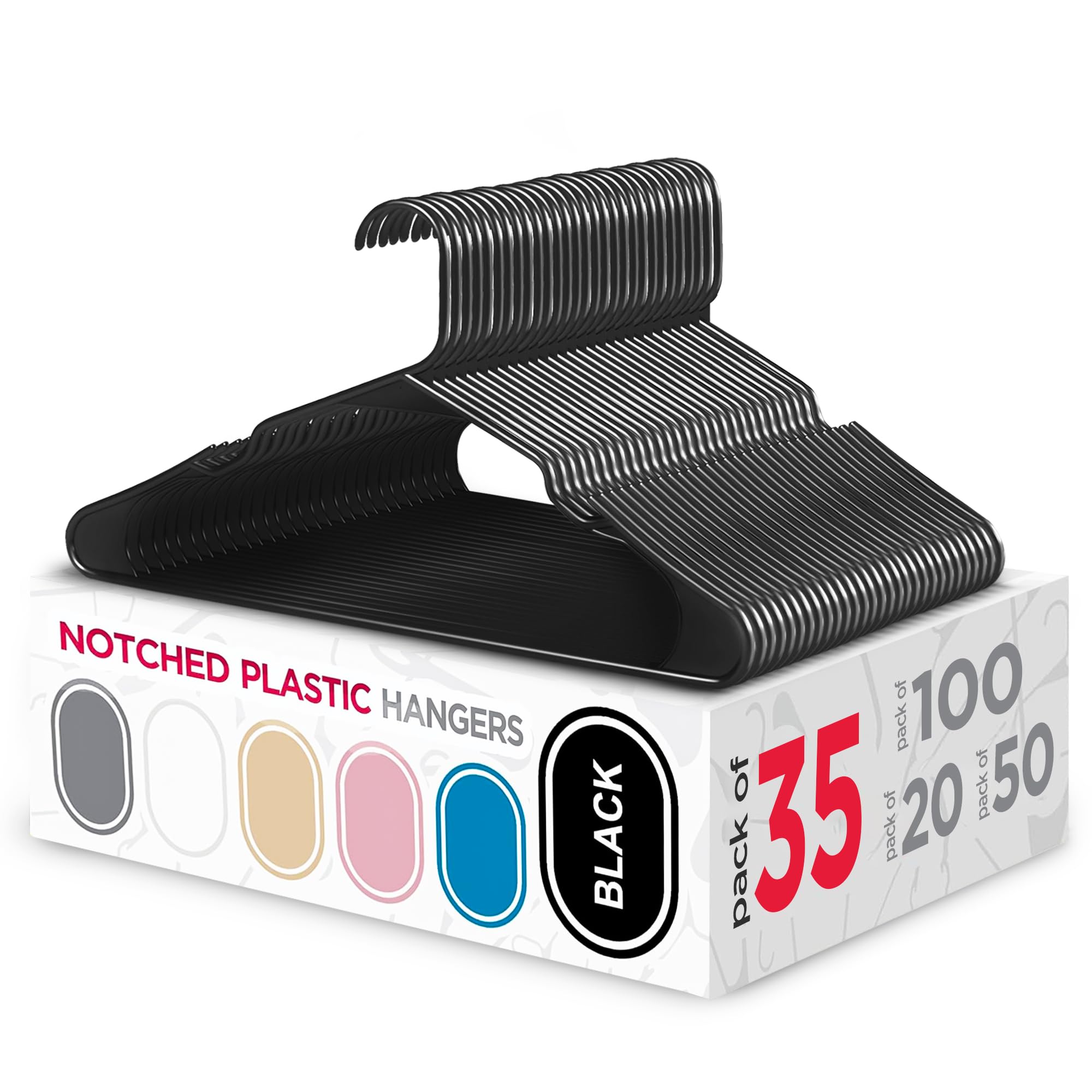 Sharpty Plastic Hangers, 35 Pack, Slim, Space Saving, Heavy Duty, Notched, Durable, Thick, Tough, Black