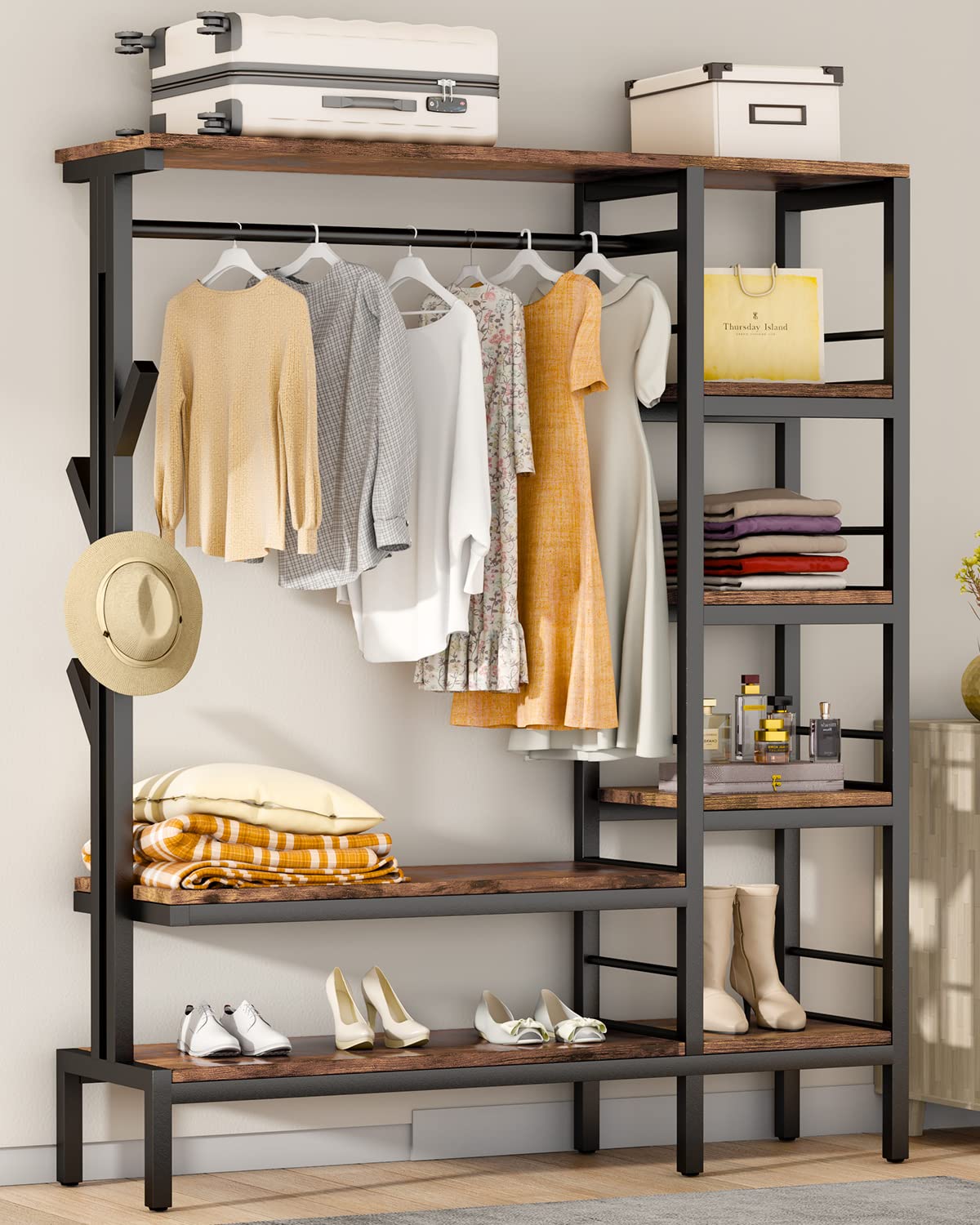 Hokeeper 650Lbs Capacity Heavy Duty Clothing Rack With Shelves Freestanding Closet Organizer With Hooks Metal Wardrobe Closet Or