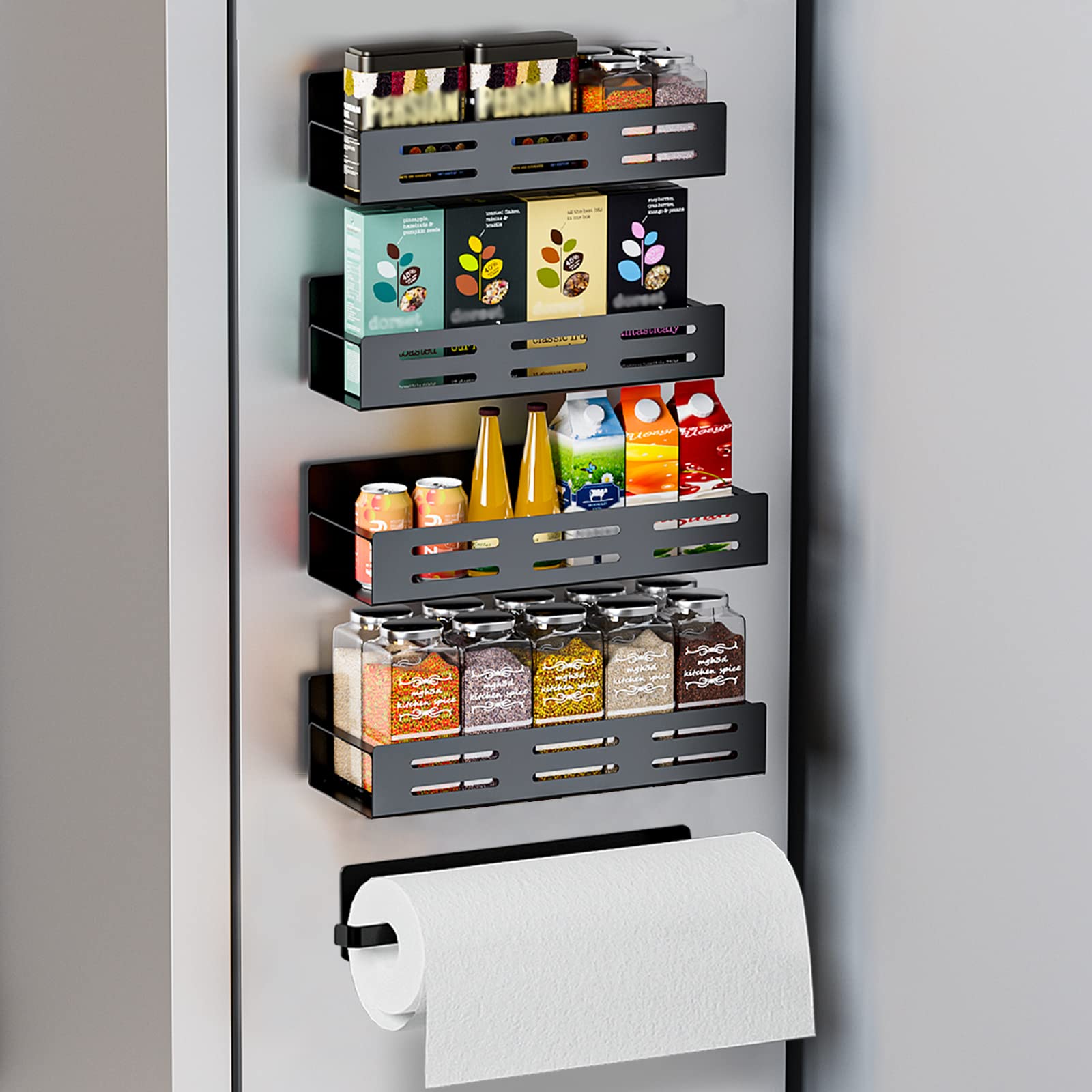 Carwiner 5 Pack Magnetic Spice Rack For Refrigerator With Paper Towel Holder, Magnetic Refrigerator Organizer, Strong Magnetic F