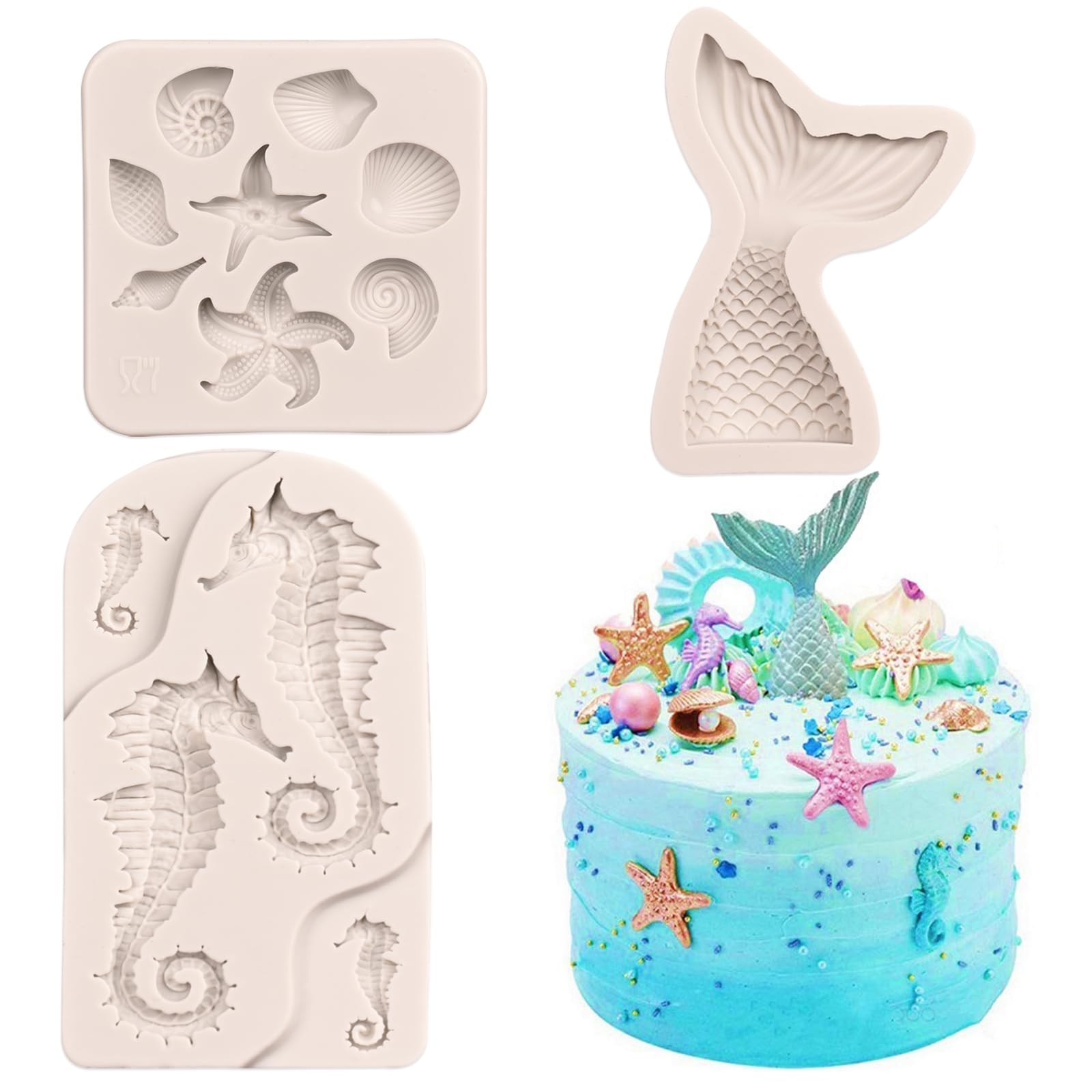 SAKOLLA Mermaid Theme Cake Fondant Mold - Seahorse Seashell Starfish Mermaid Tail Silicone Mold for Cake Decoration, Chocolate, 