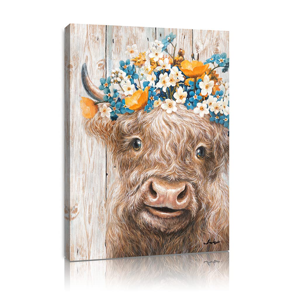 Yidepot Cow Wall Art Farmhouse Decor: Rustic Pretty Furry Cattle Print Wearing Wreaths For Bedroom Cute Abstract Vintage Cow Stu