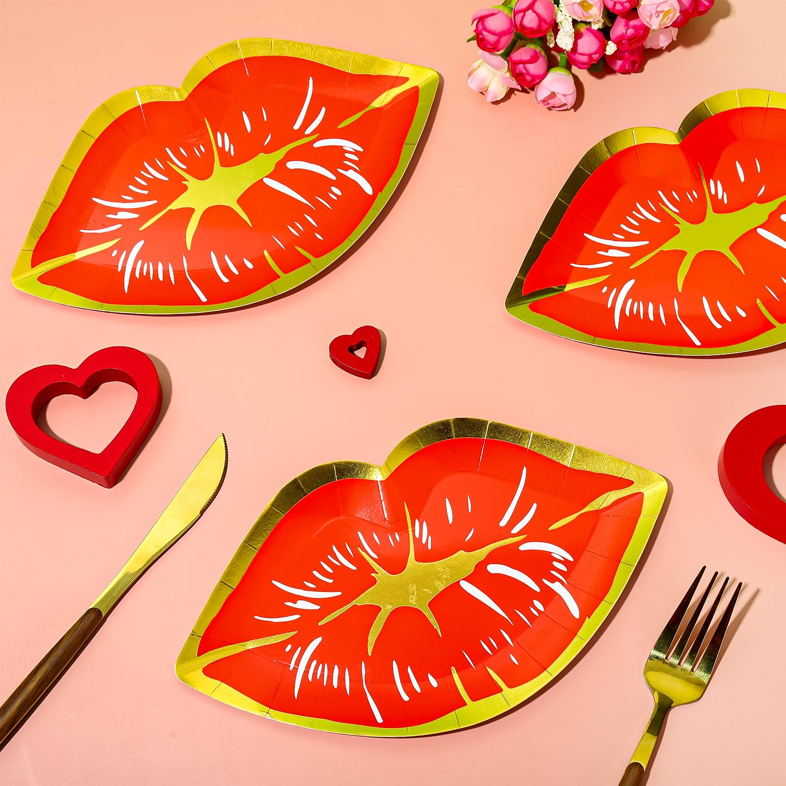 Jarthenaamcs 40Pcs Valentines Day Paper Plates Red Lips Shape Disposable Plates Gold Foil Border Decorative Tableware For Desser