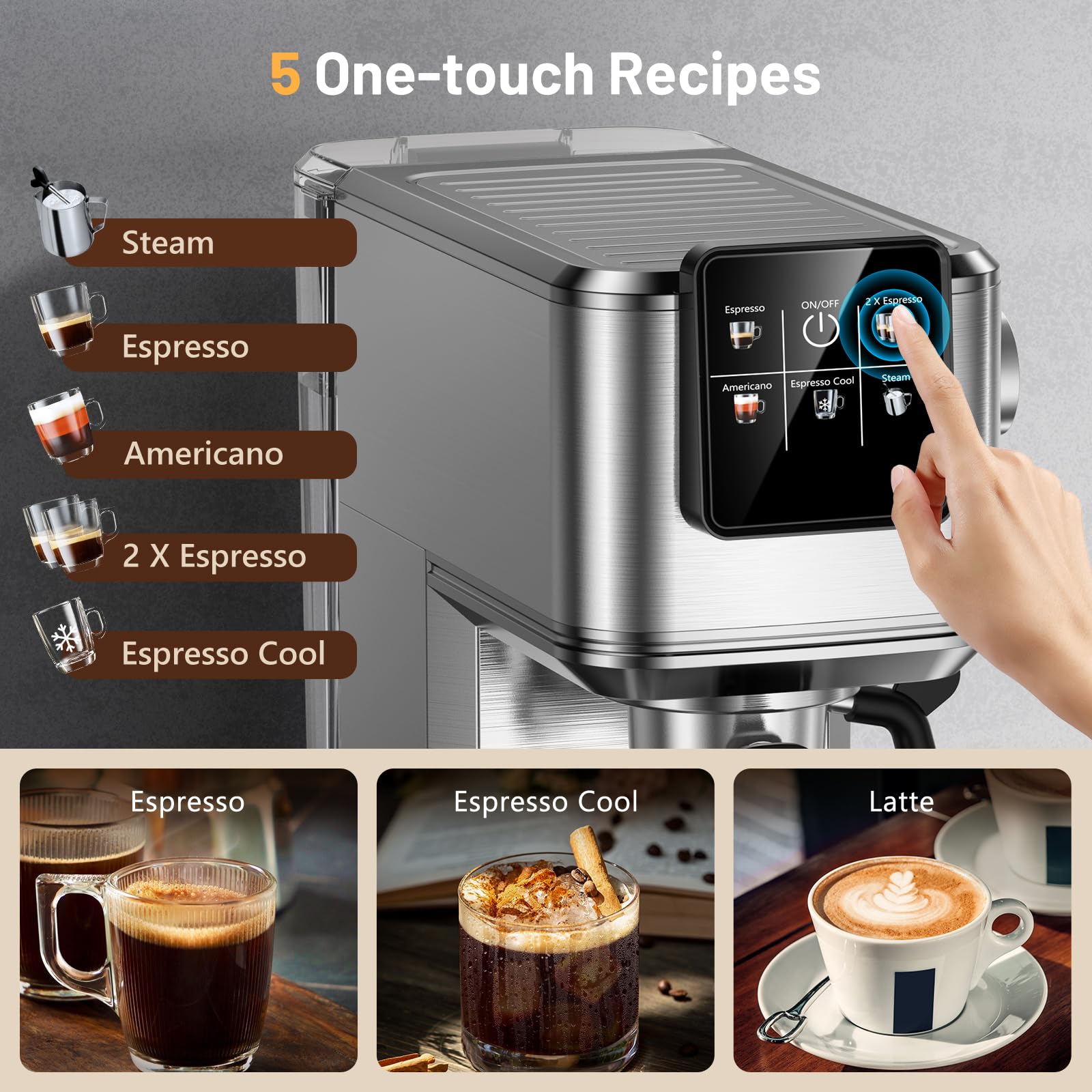 Relexnow Espresso Machine, 20 Bar Espresso Maker Milk Frother & Lcd Panel, Hot & Iced Coffee Machine, Stainless Steel Espresso C