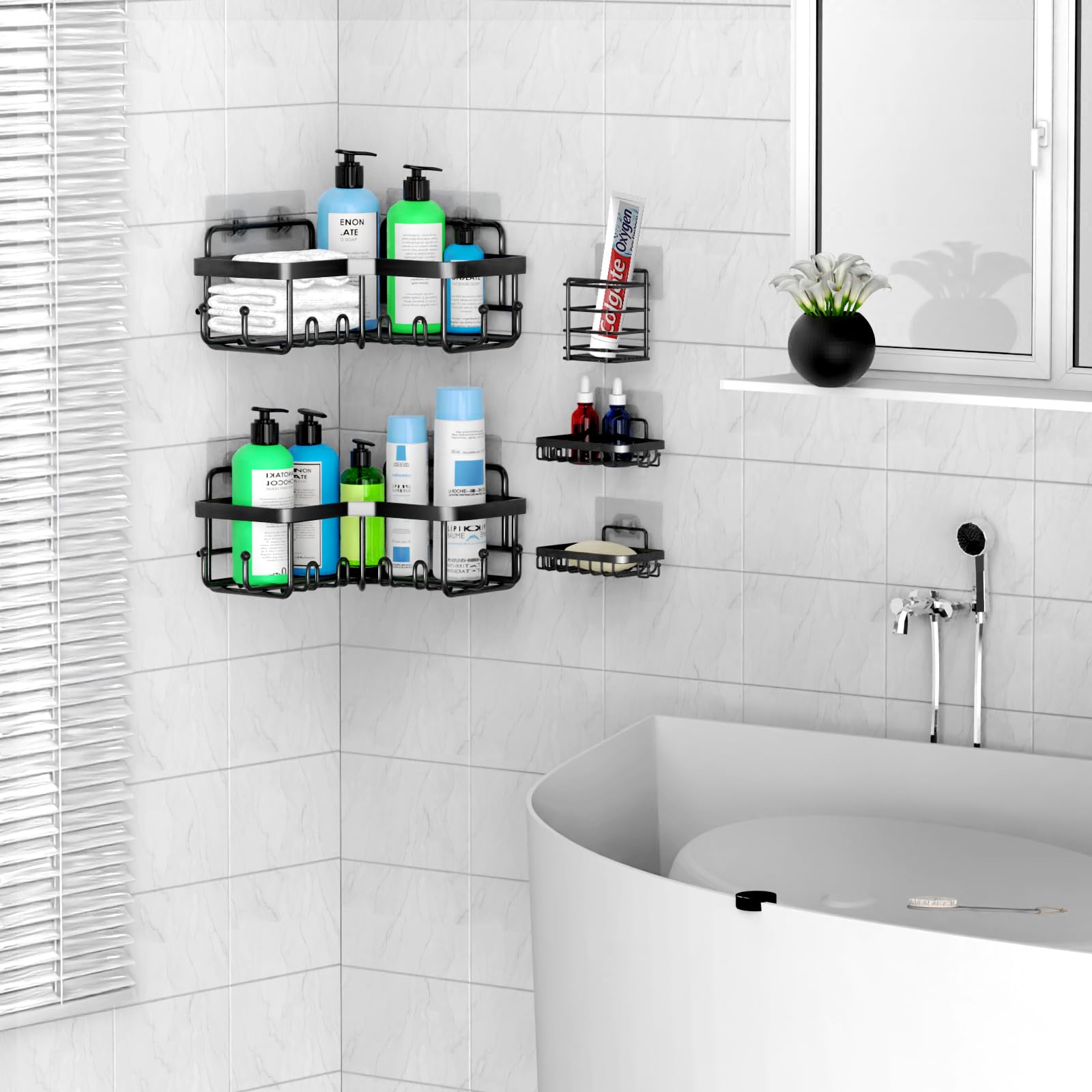 Plooht Corner Shower Caddy 5 Pack, Large Capacity Shower Organizer, Upgraded Stronger Adhesive Shower Shelf For Inside Shower, R
