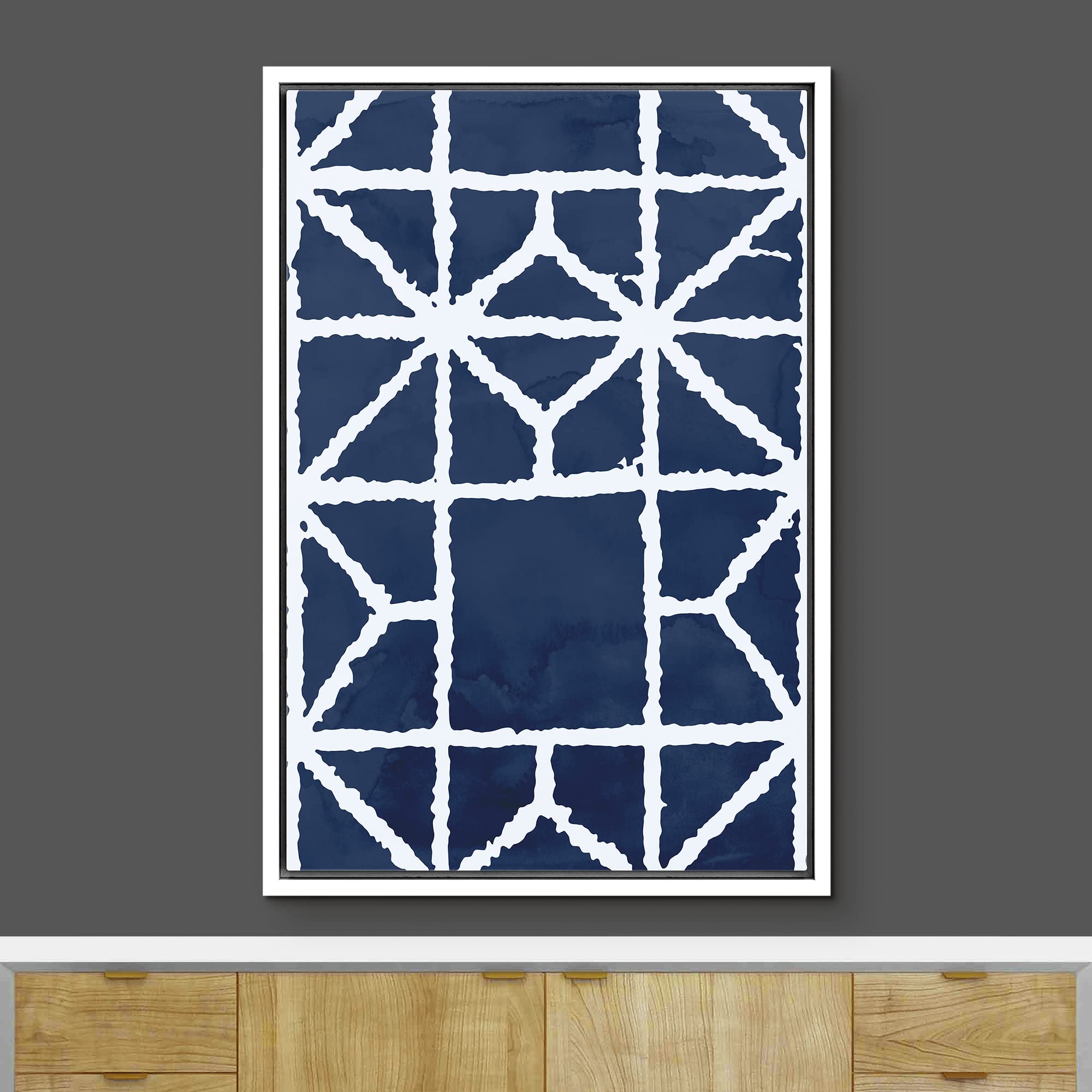 Ashbrook Framed Canvas Print Wall Art White Geometric Striped Grid On Blue Background Abstract Shapes Illustrations Modern Minim