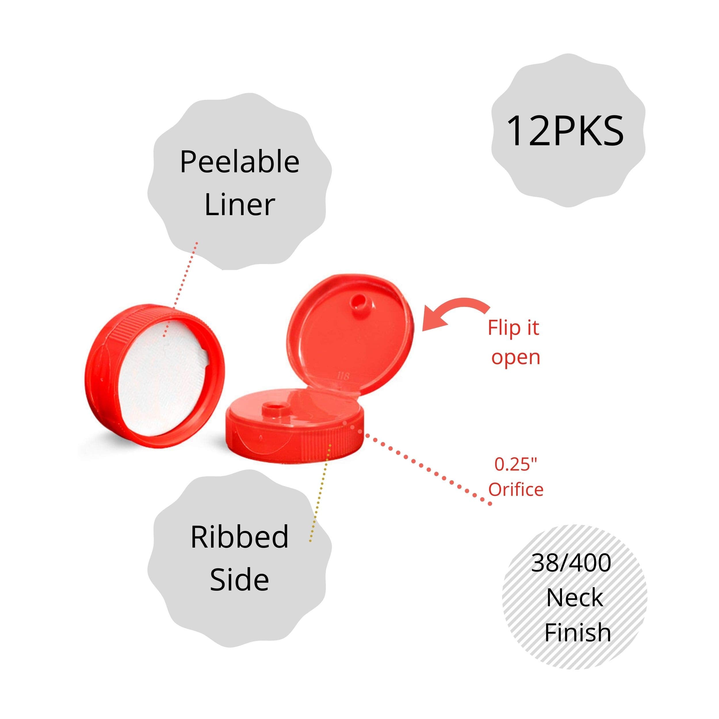 Kelkaa Caps 38-400 Red Flip Top Caps With 0.25'' Orifice, Dispensing Ribbed Snap Closures, Replacement Caps With Peelable Liners