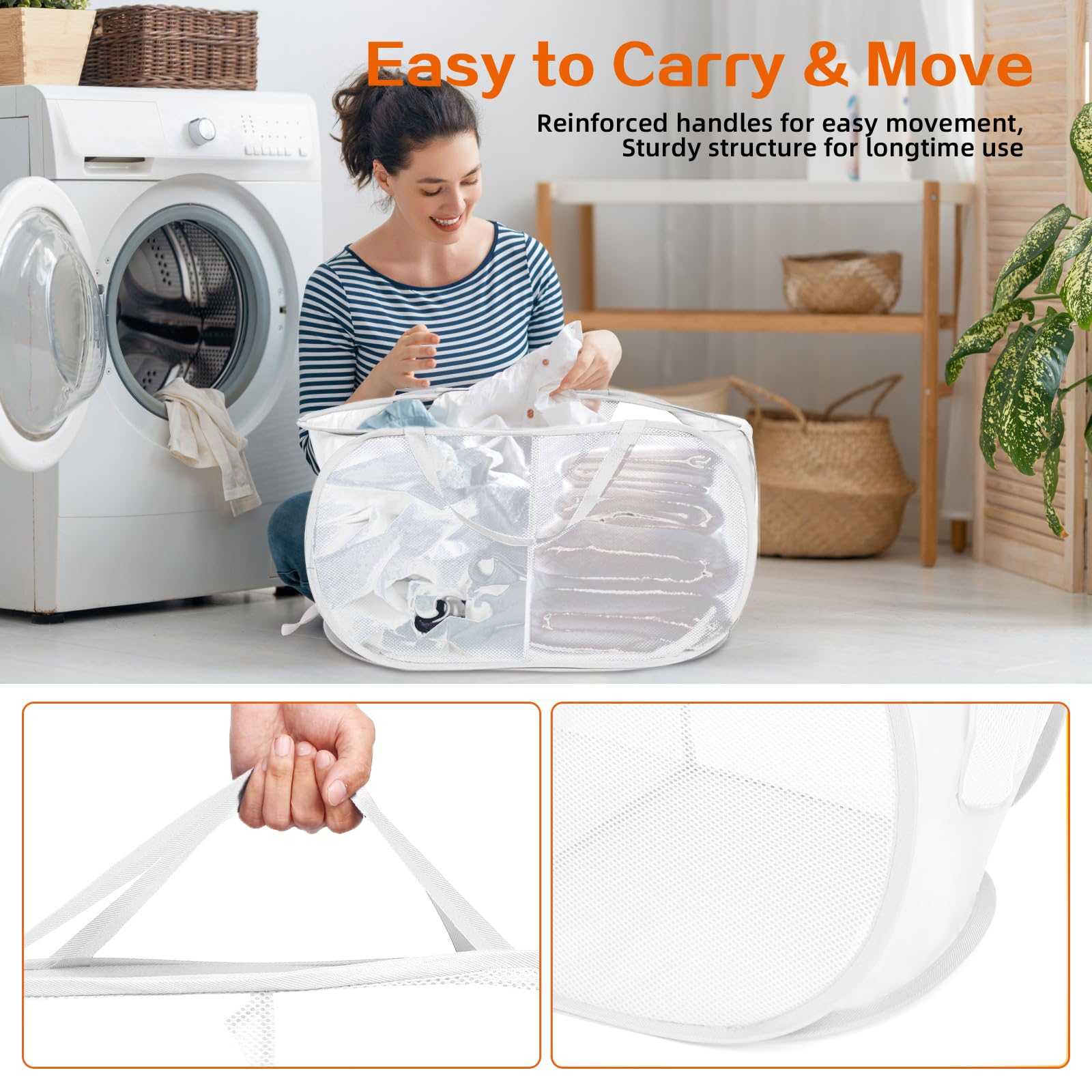 Durable Collapsible Laundry Baskets, Foldable Mesh Pop Up Laundry Basket, 2 Compartments Laundry Hamper, Easy To Carry & Sort Cl