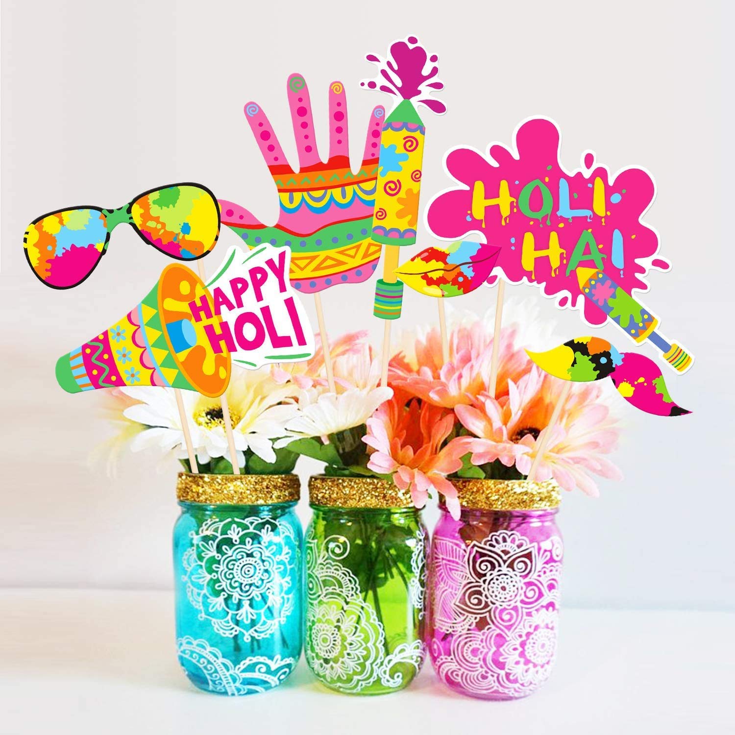 Zyozique Holi Festival Photo Props Happy Spring Indian Color Festival Photo Booths, Holi Bollywood Party Supplies, 27 PCS